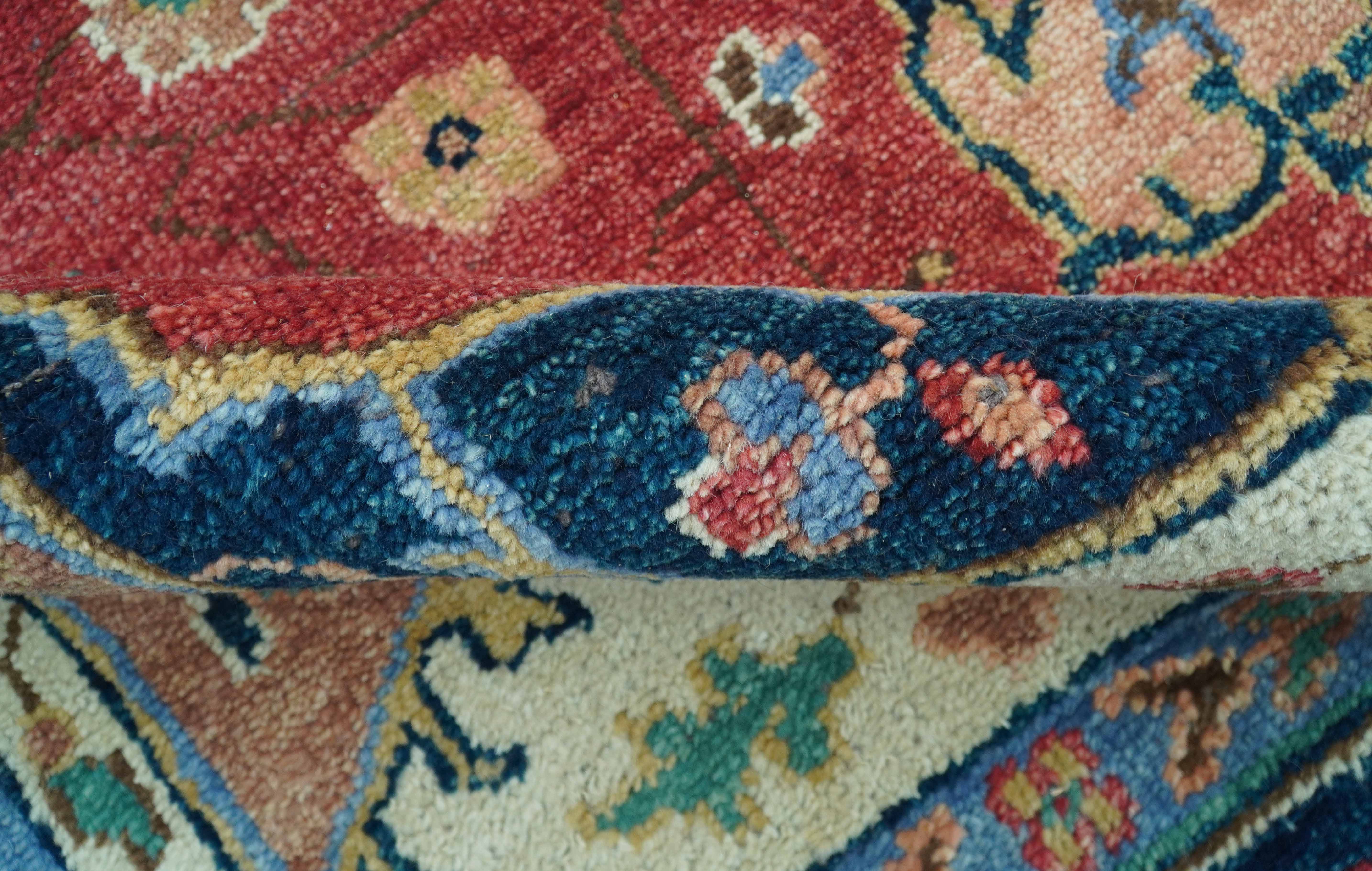 Custom Made Traditional Heriz Red And Blue Hand Knotted Wool Rug - Image 9