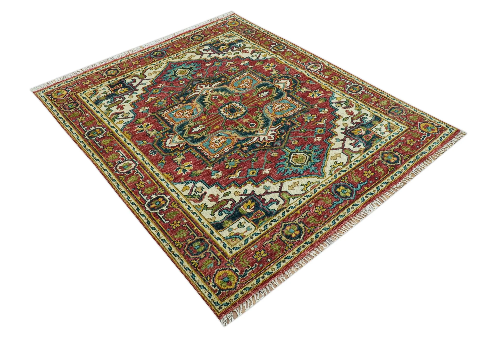 Custom Made Traditional Heriz Red And Ivory Hand Knotted Wool Rug - Image 11