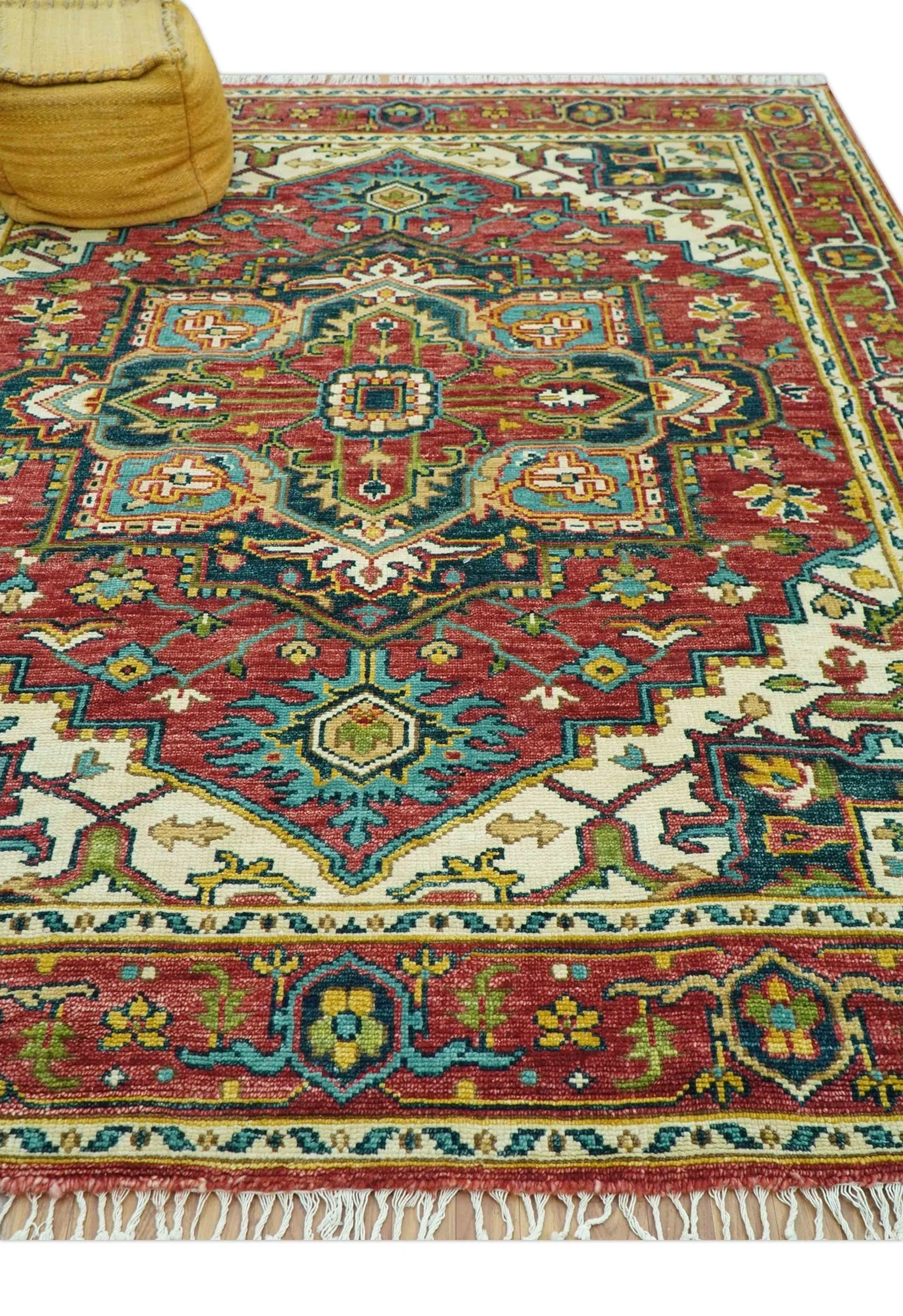 Custom Made Traditional Heriz Red And Ivory Hand Knotted Wool Rug - Image 4