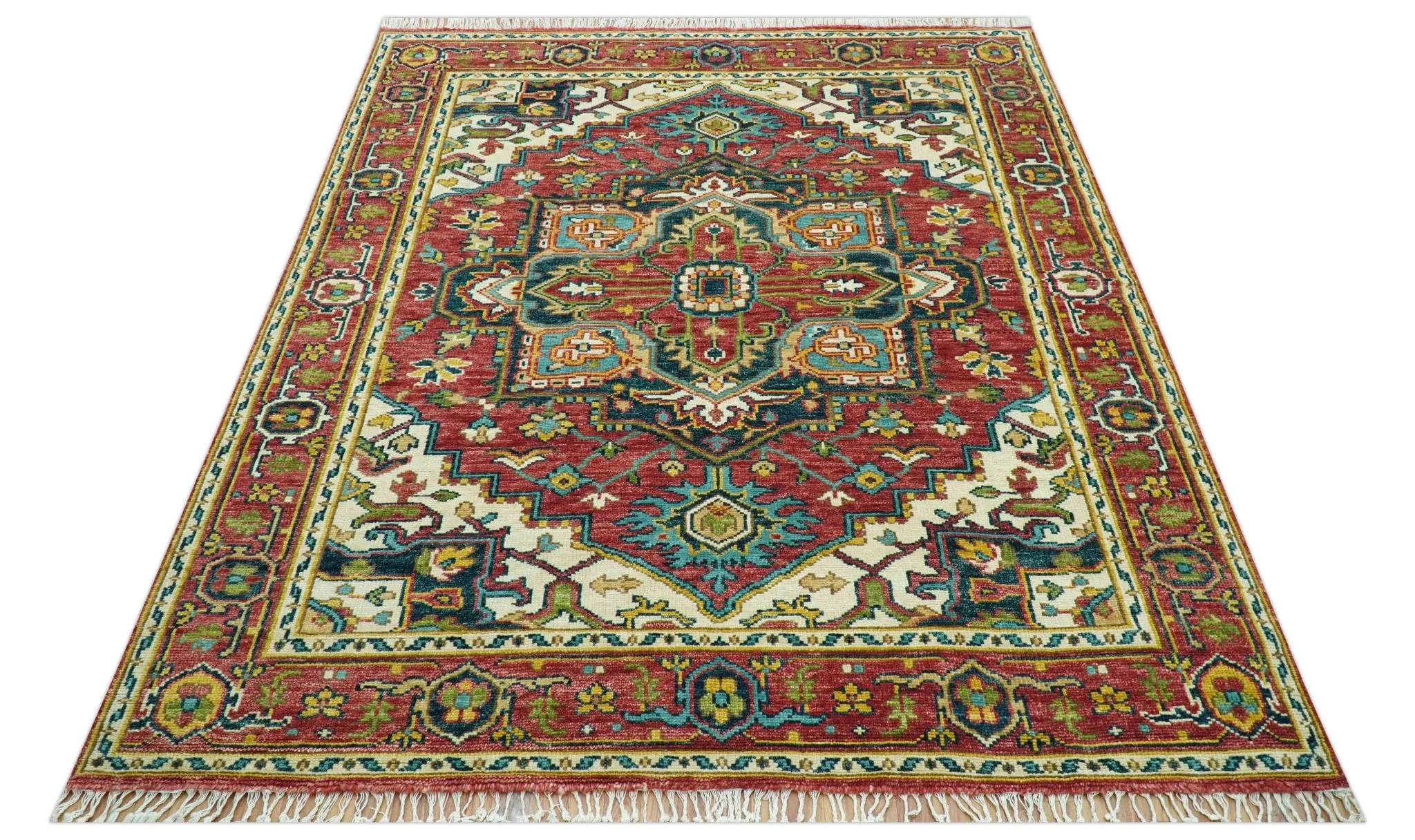 Custom Made Traditional Heriz Red And Ivory Hand Knotted Wool Rug - Image 5