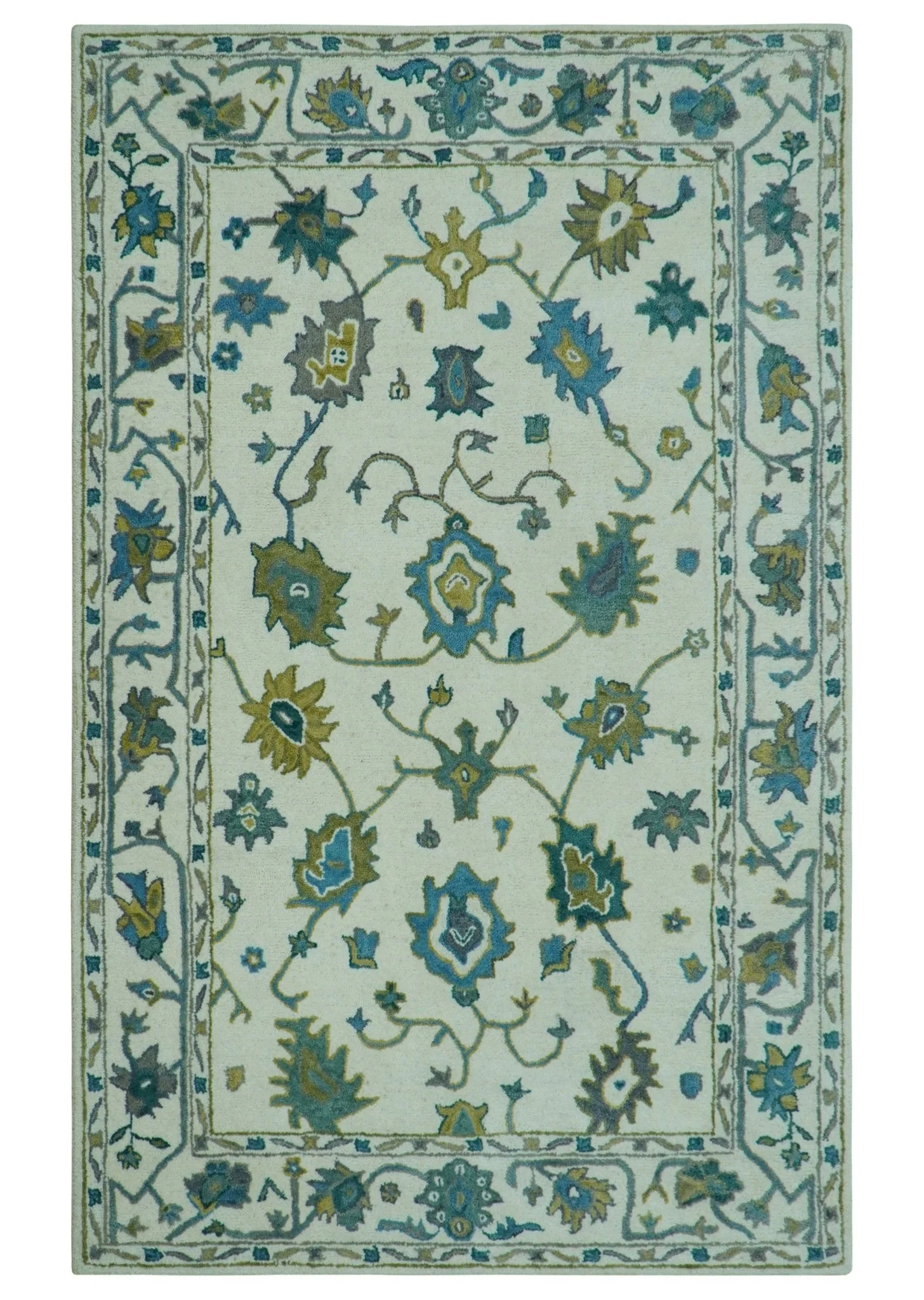 Custom Made Traditional Ivory And Blue Oushak Hand Tufted Wool Area Rug - Image 2