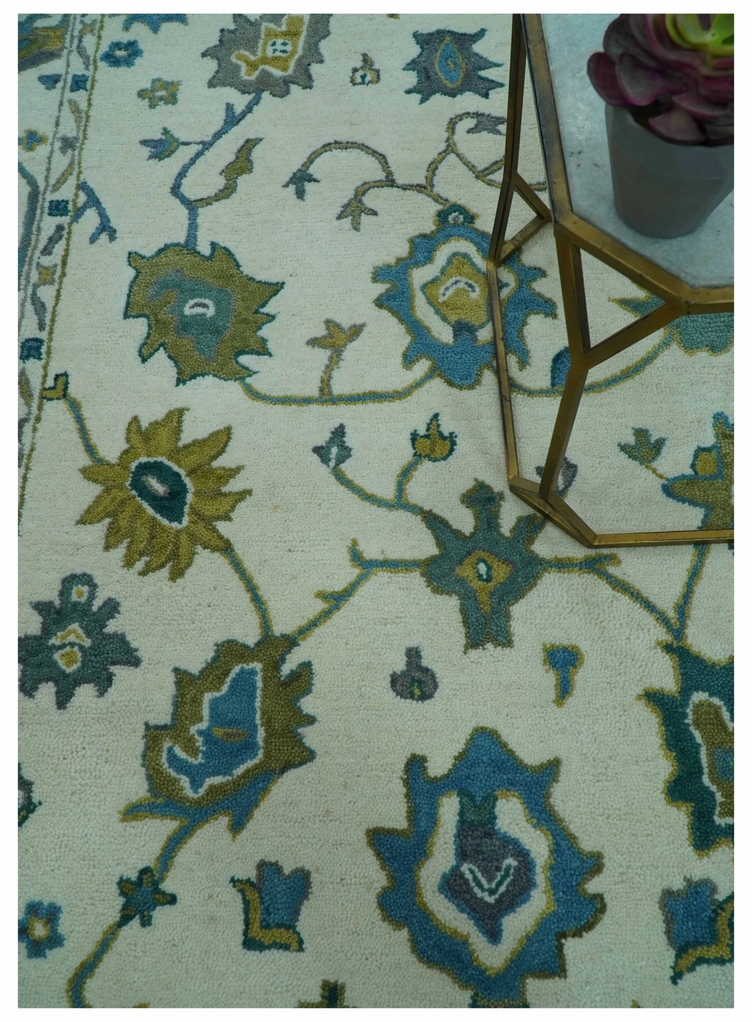 Custom Made Traditional Ivory And Blue Oushak Hand Tufted Wool Area Rug - Image 3