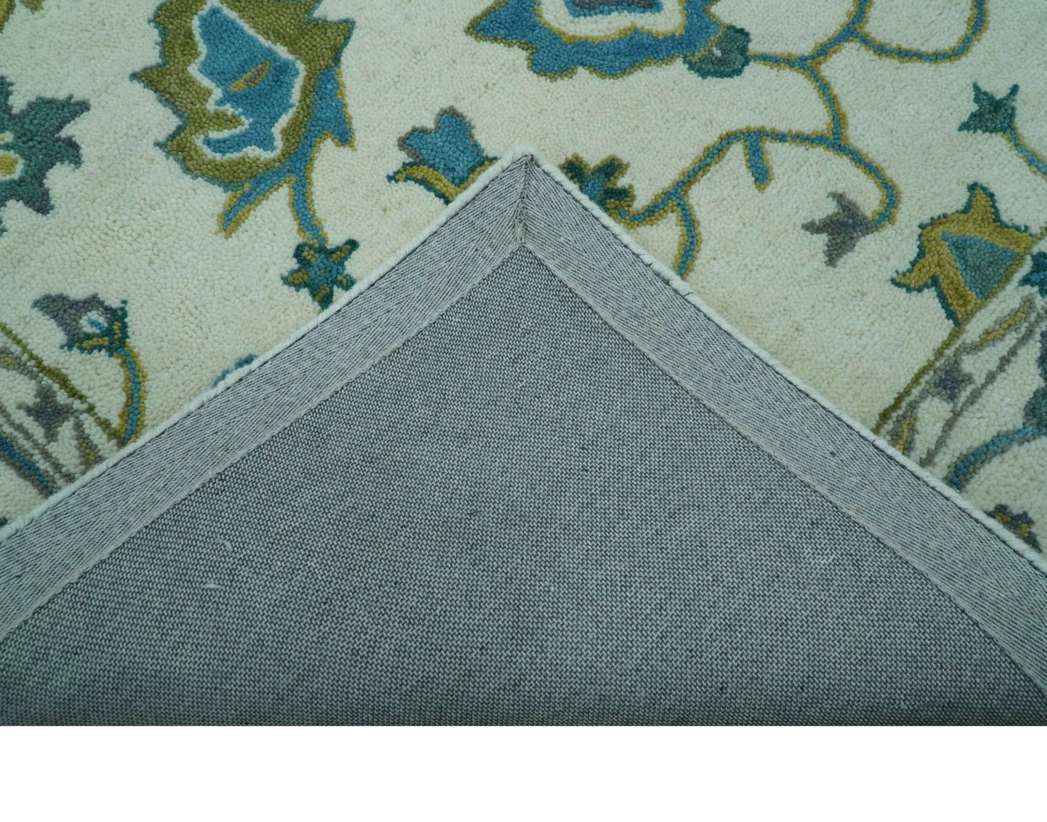 Custom Made Traditional Ivory And Blue Oushak Hand Tufted Wool Area Rug - Image 4