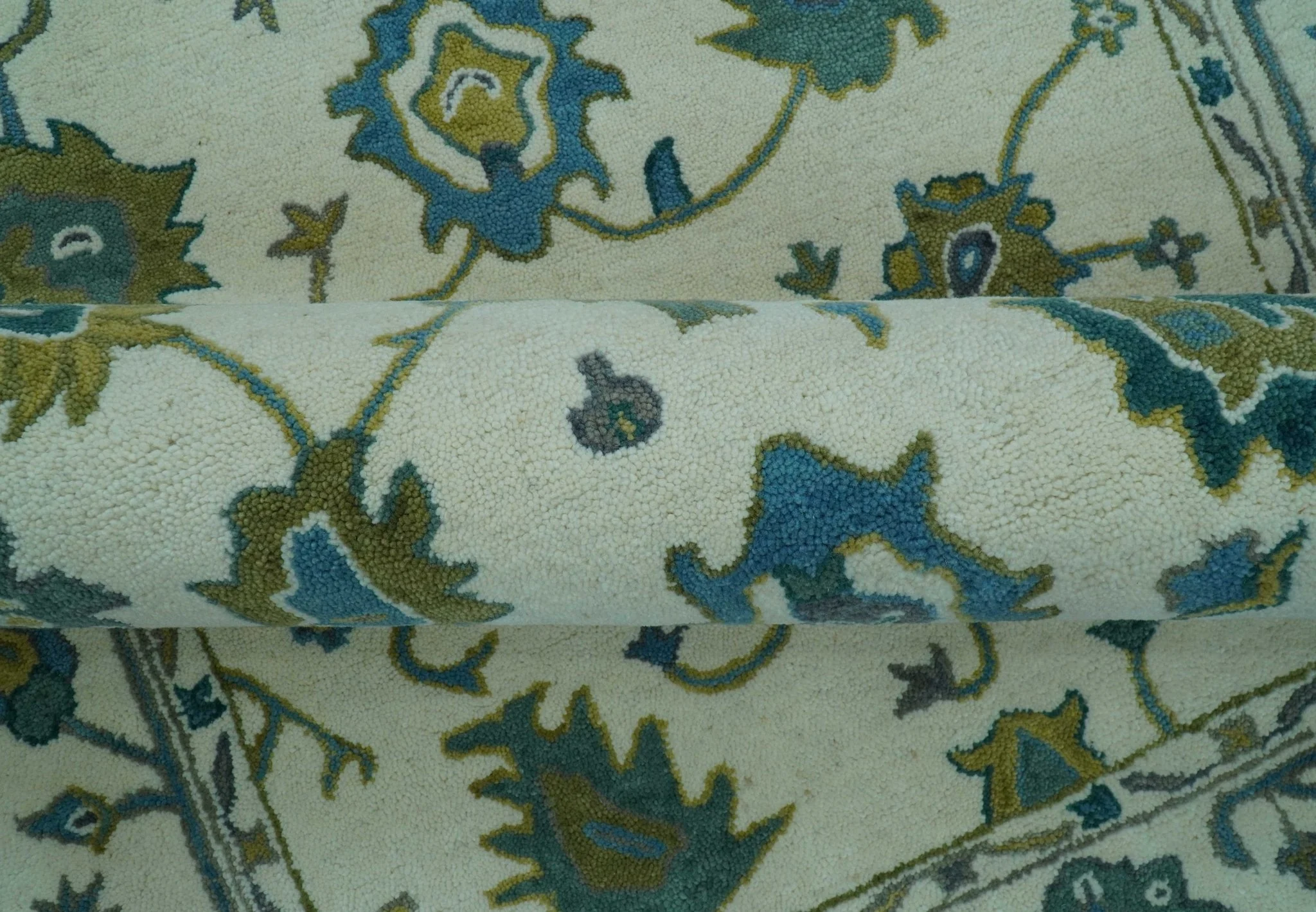 Custom Made Traditional Ivory And Blue Oushak Hand Tufted Wool Area Rug - Image 8