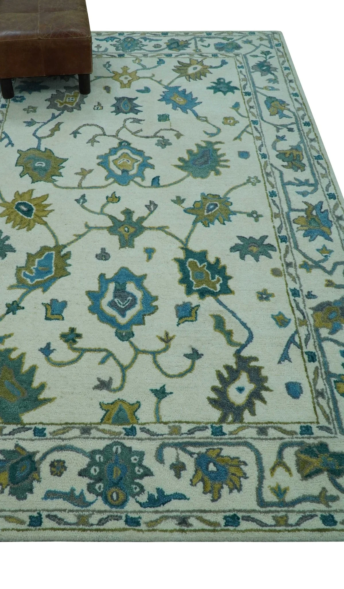 Custom Made Traditional Ivory And Blue Oushak Hand Tufted Wool Area Rug - Image 9