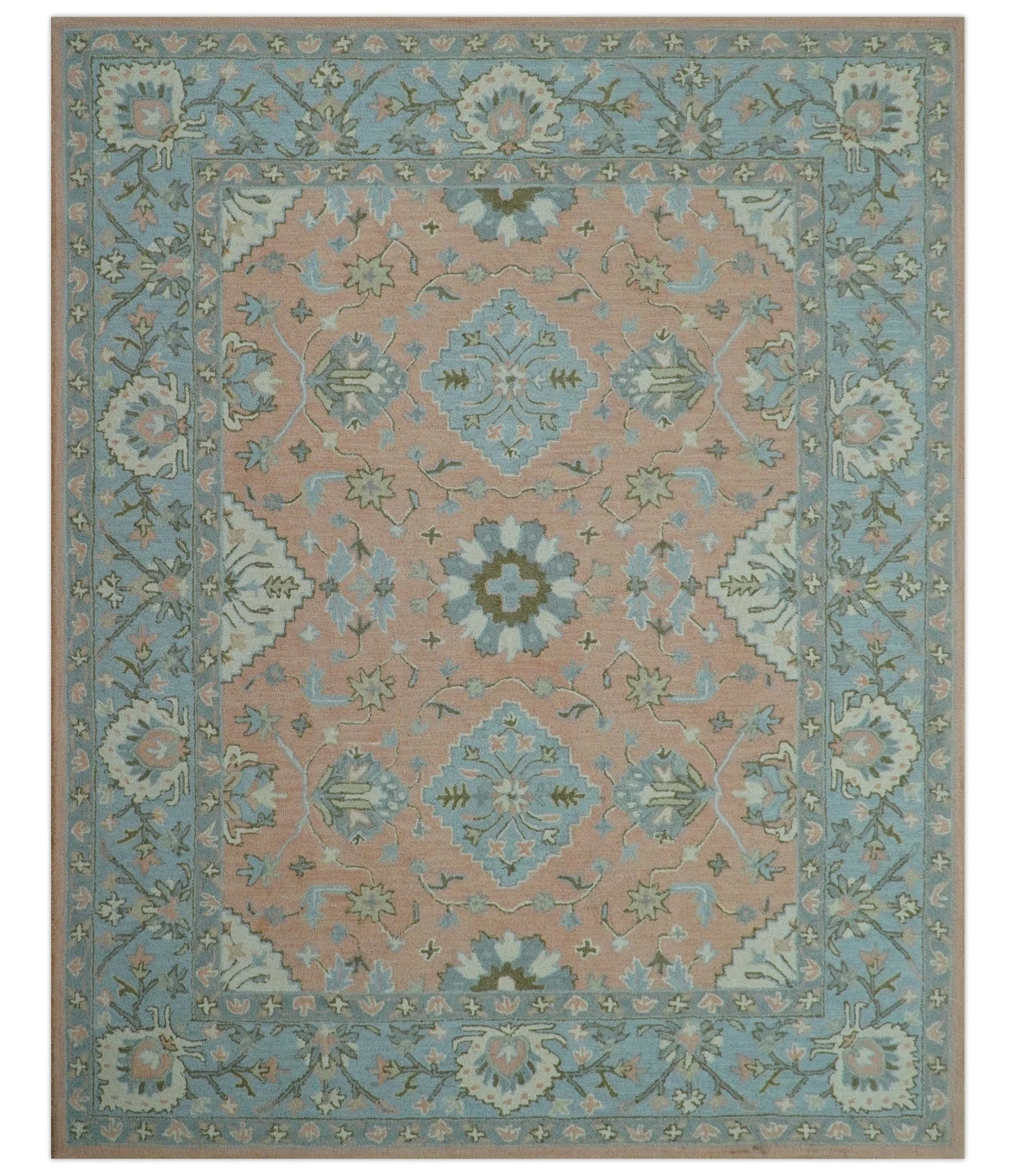 Custom Made Traditional Oriental Design Pink And Blue Hand Tufted Wool Area Rug - Image 10