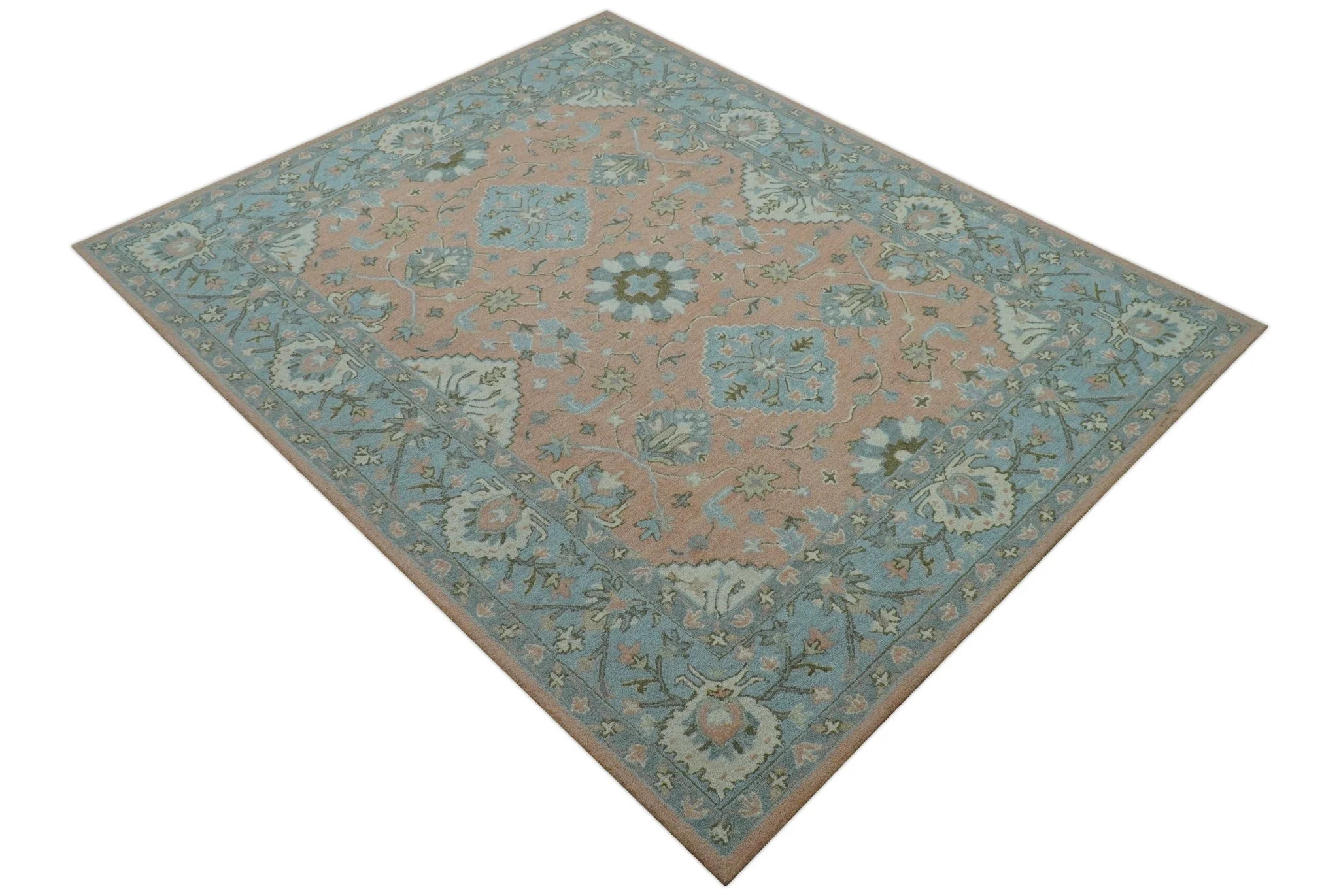 Custom Made Traditional Oriental Design Pink And Blue Hand Tufted Wool Area Rug - Image 11