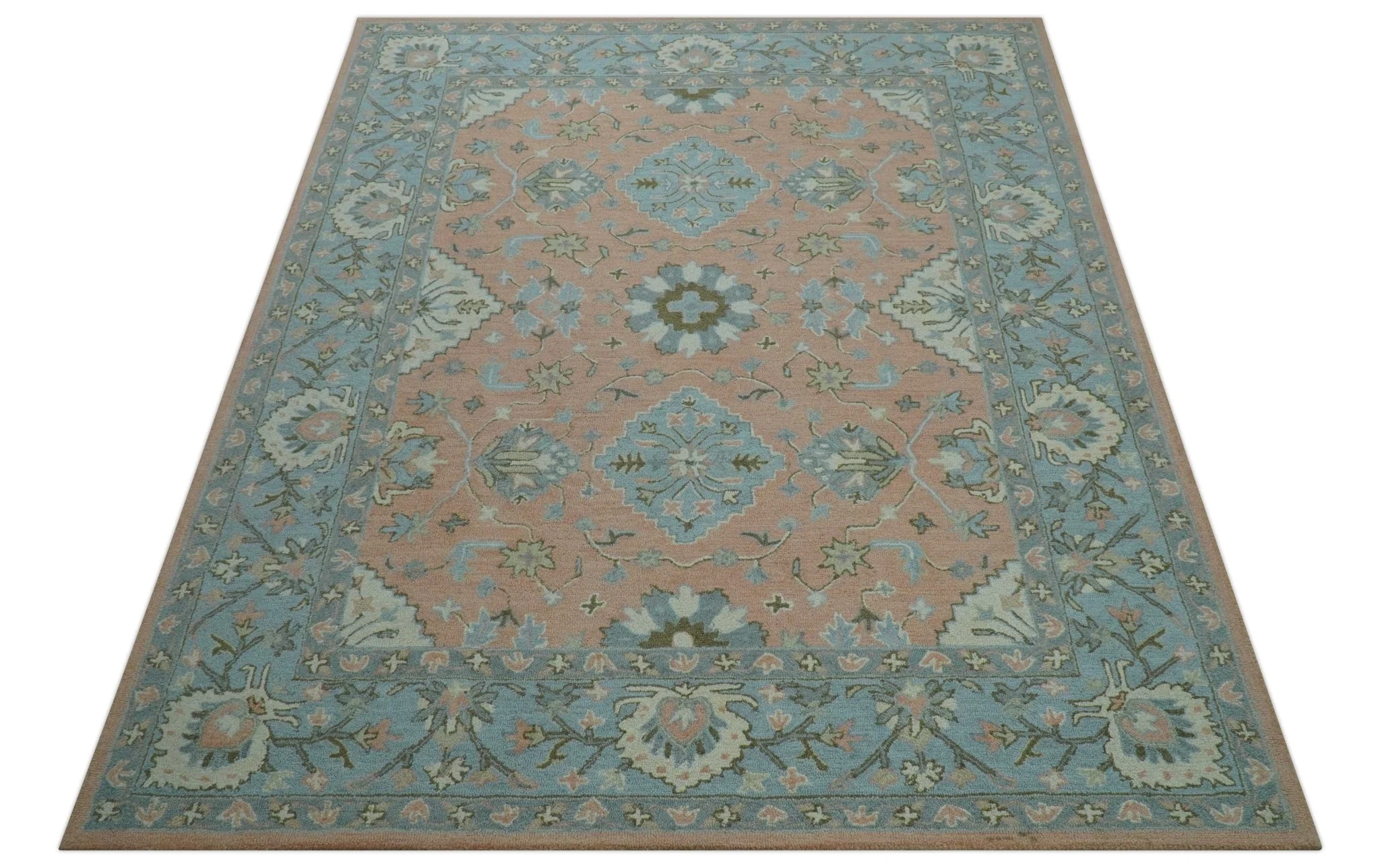 Custom Made Traditional Oriental Design Pink And Blue Hand Tufted Wool Area Rug - Image 12