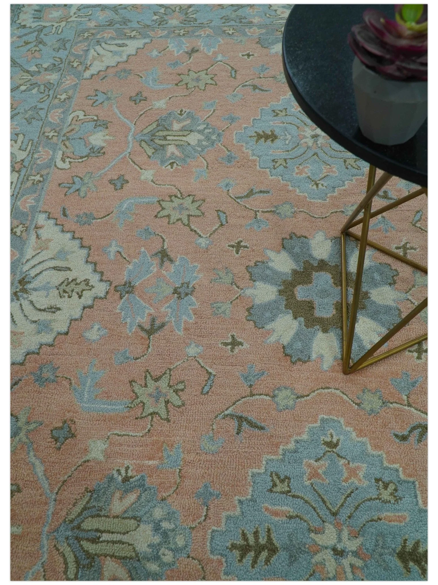 Custom Made Traditional Oriental Design Pink And Blue Hand Tufted Wool Area Rug - Image 3