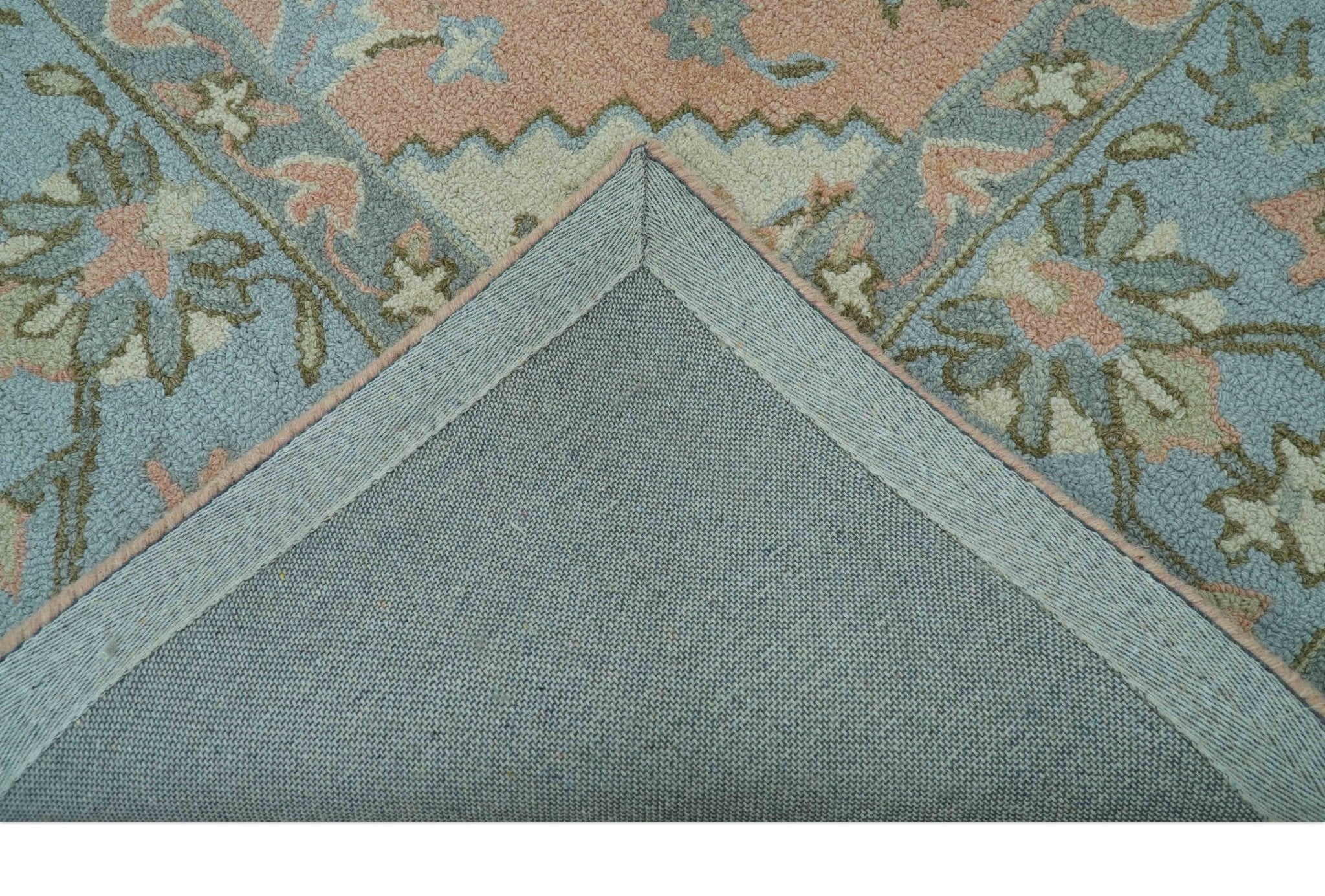 Custom Made Traditional Oriental Design Pink And Blue Hand Tufted Wool Area Rug - Image 7