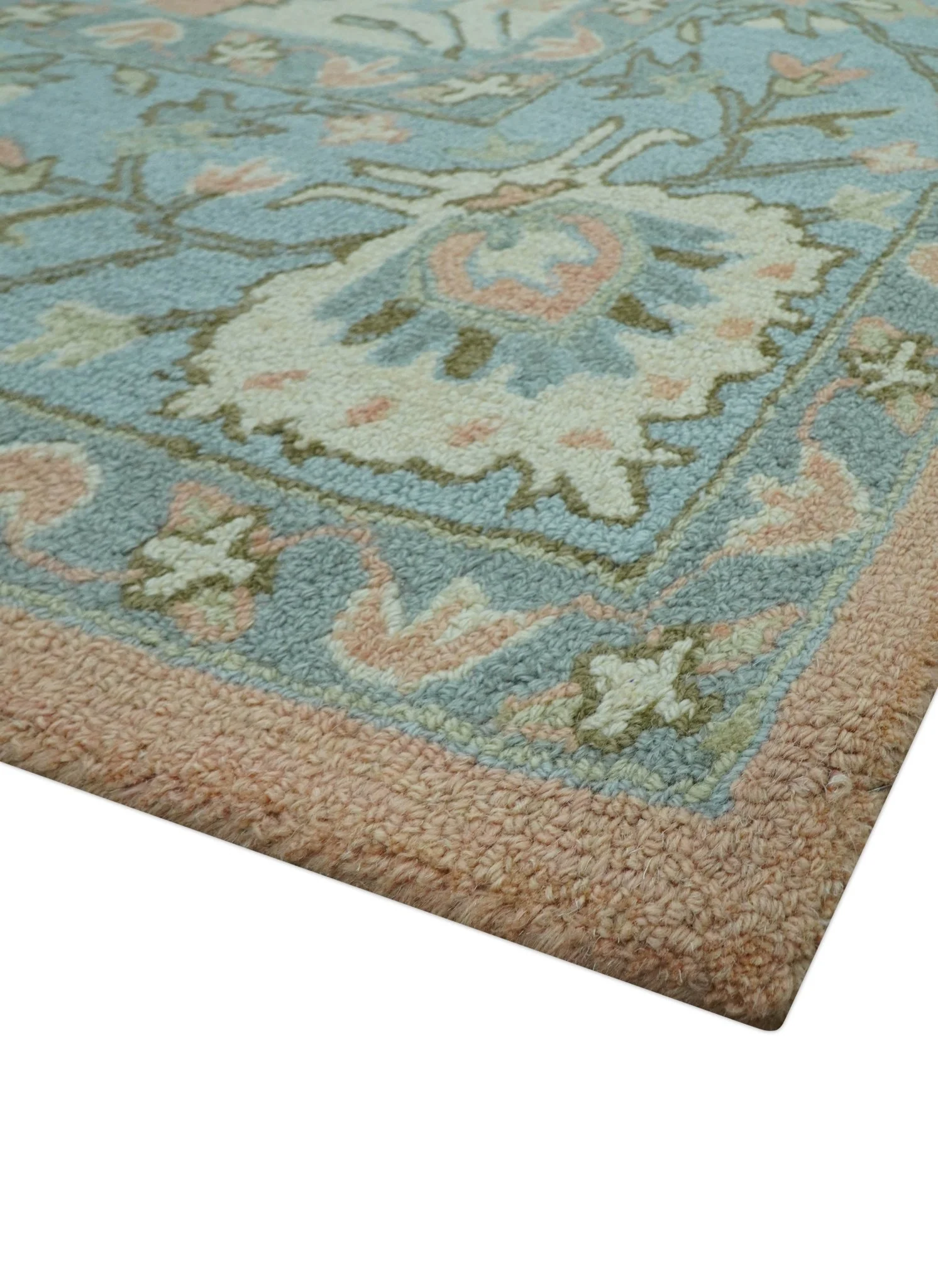 Custom Made Traditional Oriental Design Pink And Blue Hand Tufted Wool Area Rug - Image 8