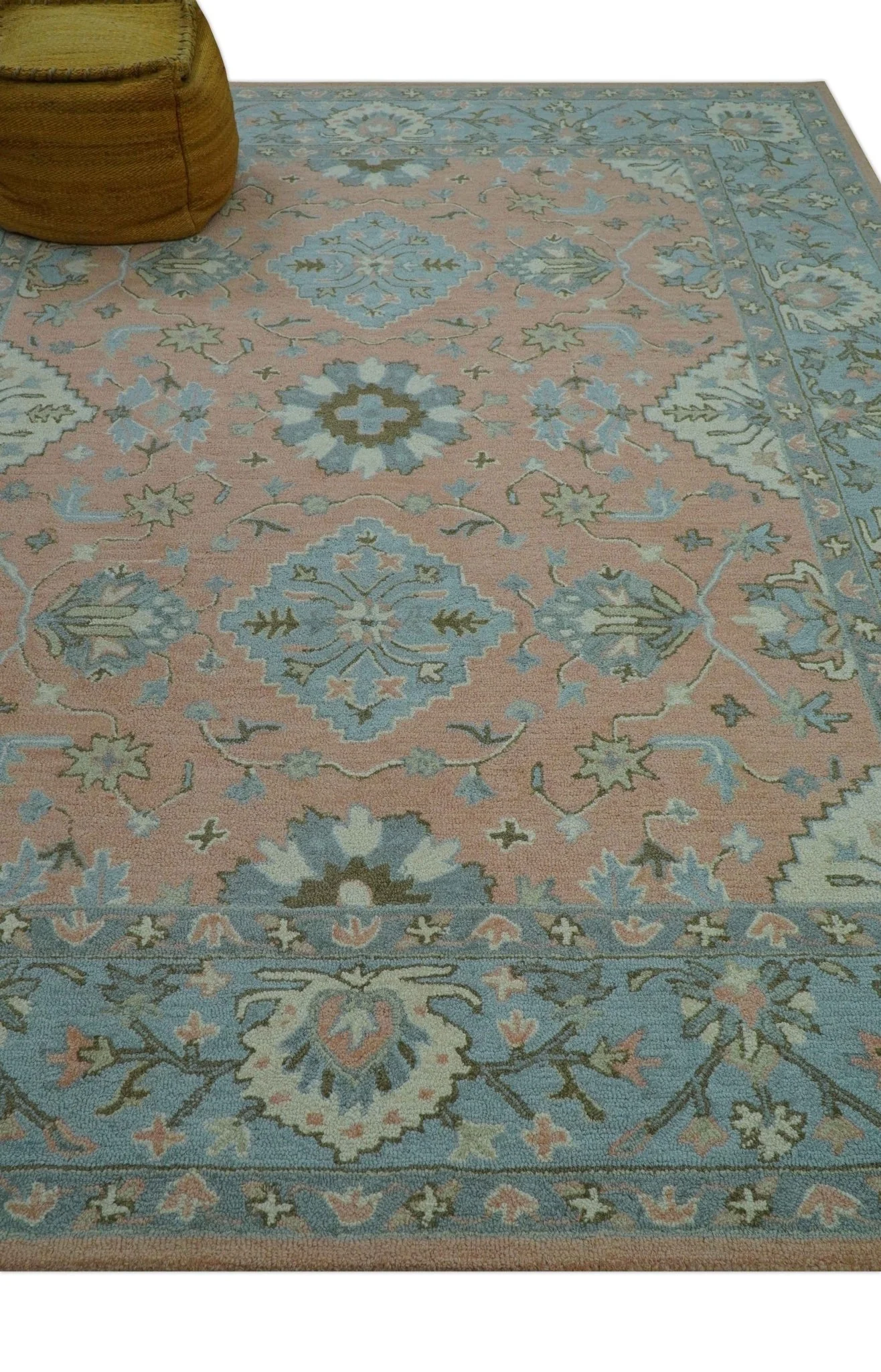 Custom Made Traditional Oriental Design Pink And Blue Hand Tufted Wool Area Rug - Image 9