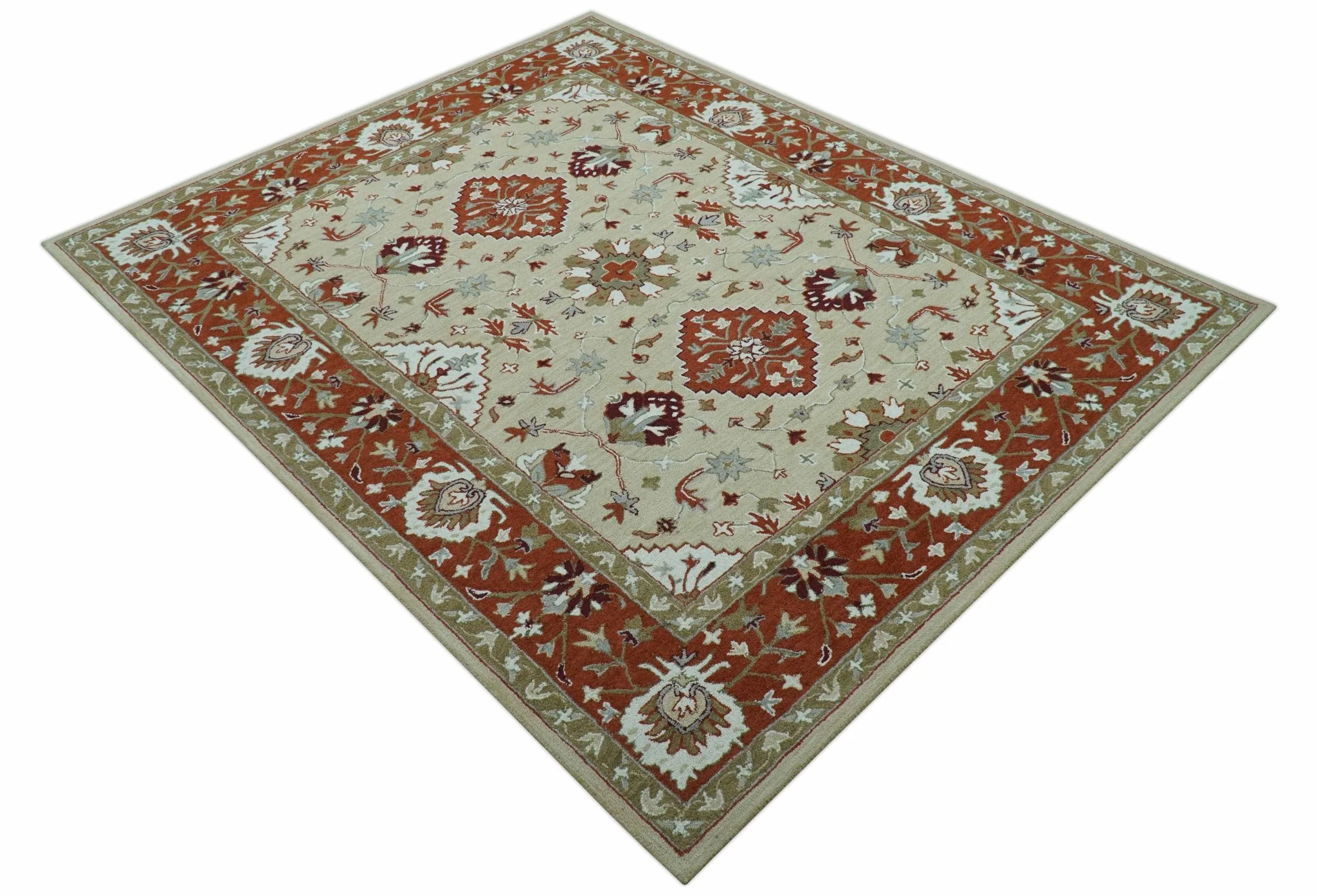 Custom Made Beige And Brown Traditional Oriental Design Hand Tufted Wool Area Rug - Image 12