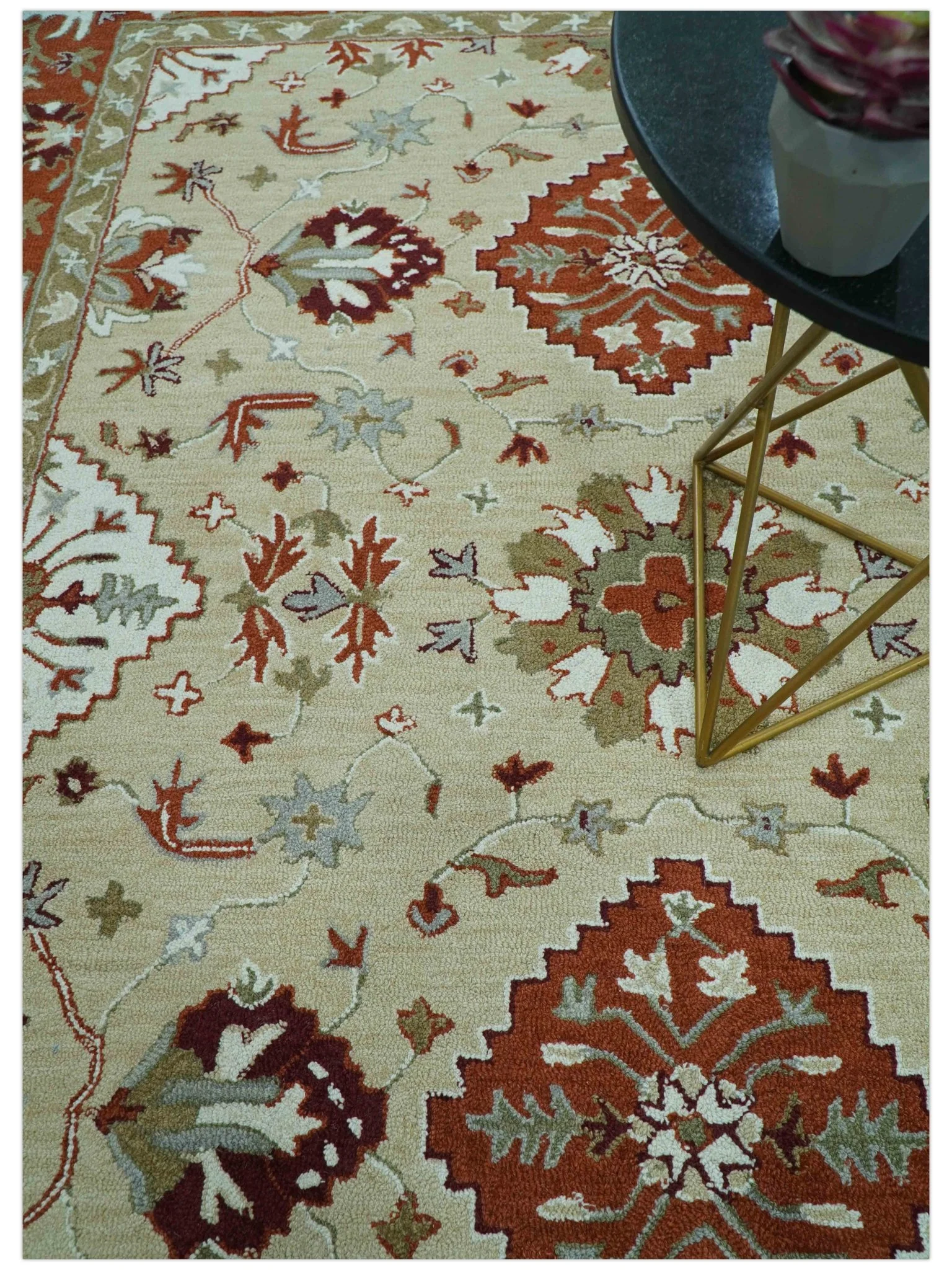 Custom Made Beige And Brown Traditional Oriental Design Hand Tufted Wool Area Rug - Image 3
