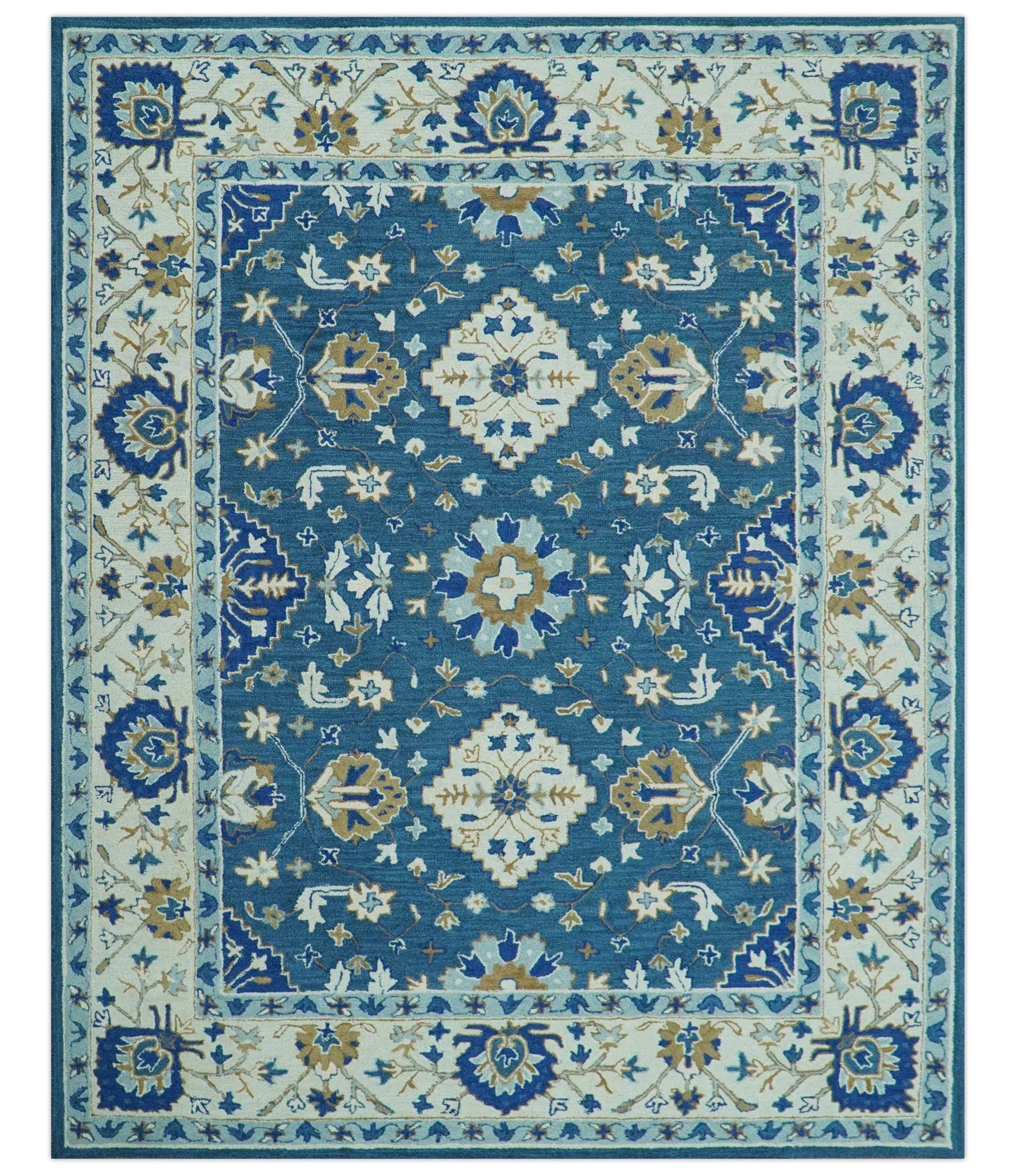 Custom Made Traditional Oriental Design Blue And Beige Hand-Tufted Wool Area Rug - Image 10