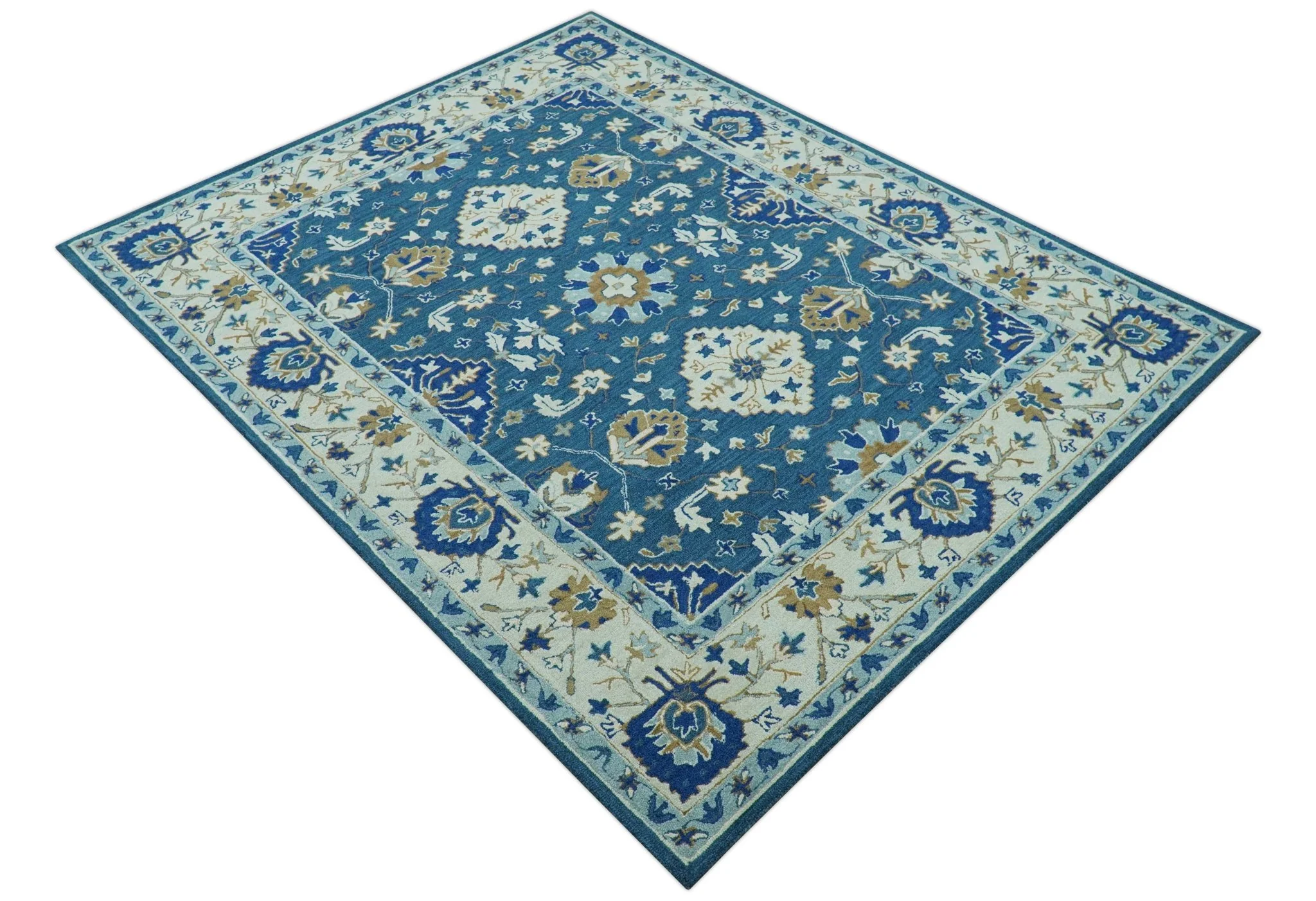 Custom Made Traditional Oriental Design Blue And Beige Hand-Tufted Wool Area Rug - Image 12
