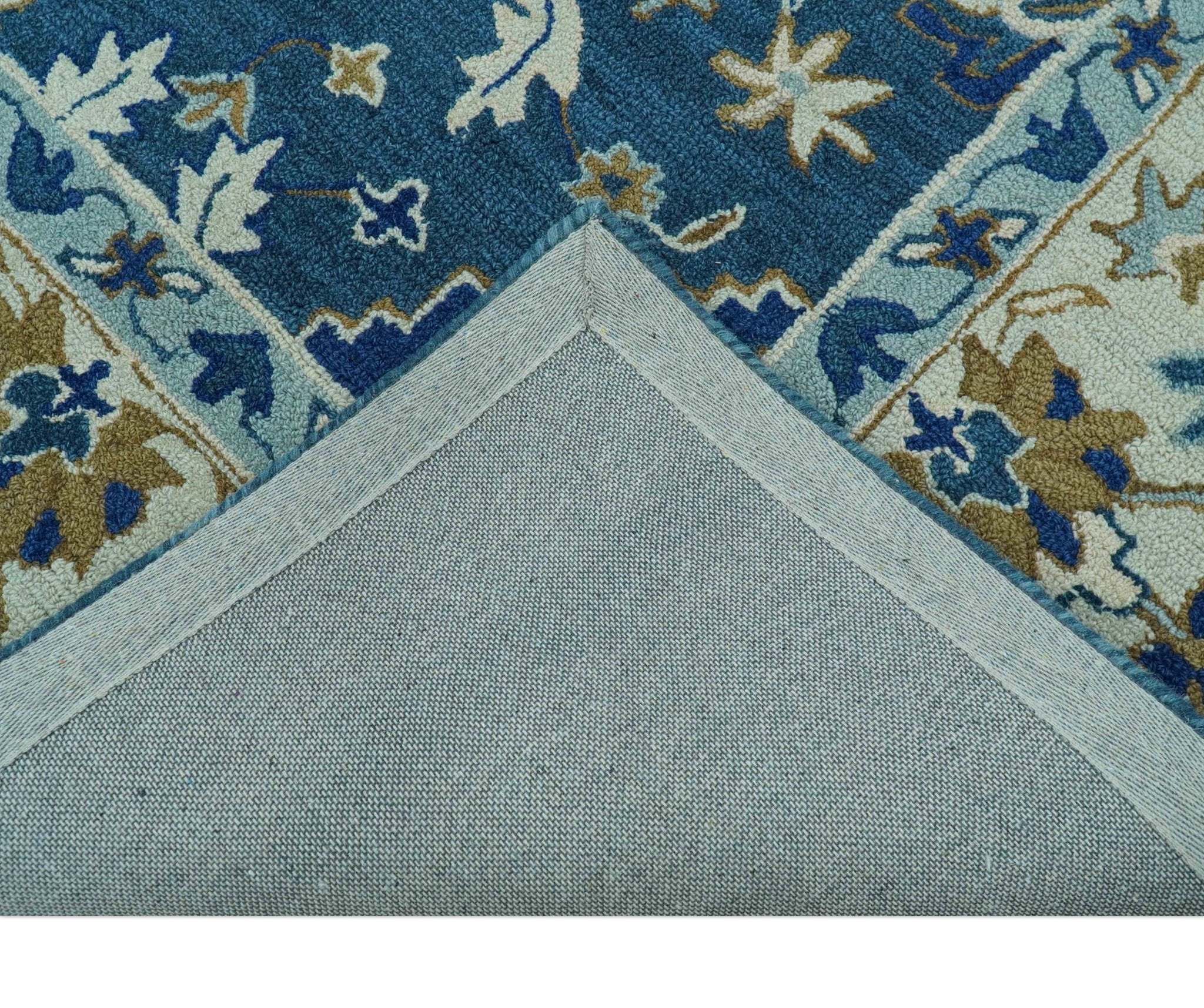Custom Made Traditional Oriental Design Blue And Beige Hand-Tufted Wool Area Rug - Image 4