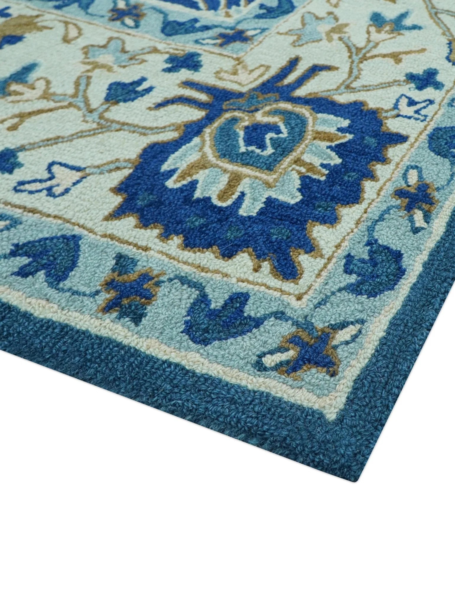 Custom Made Traditional Oriental Design Blue And Beige Hand-Tufted Wool Area Rug - Image 7