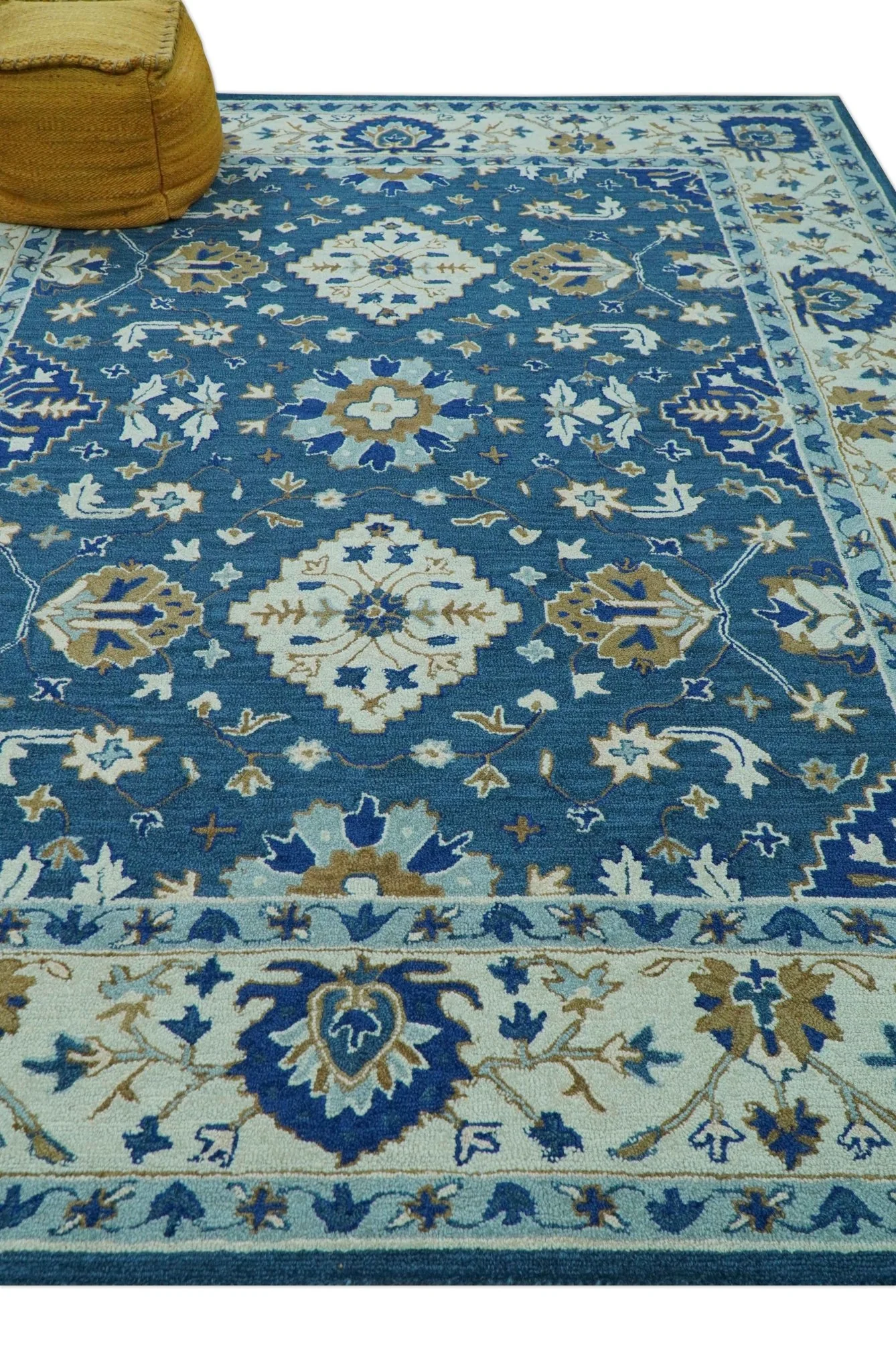 Custom Made Traditional Oriental Design Blue And Beige Hand-Tufted Wool Area Rug - Image 9