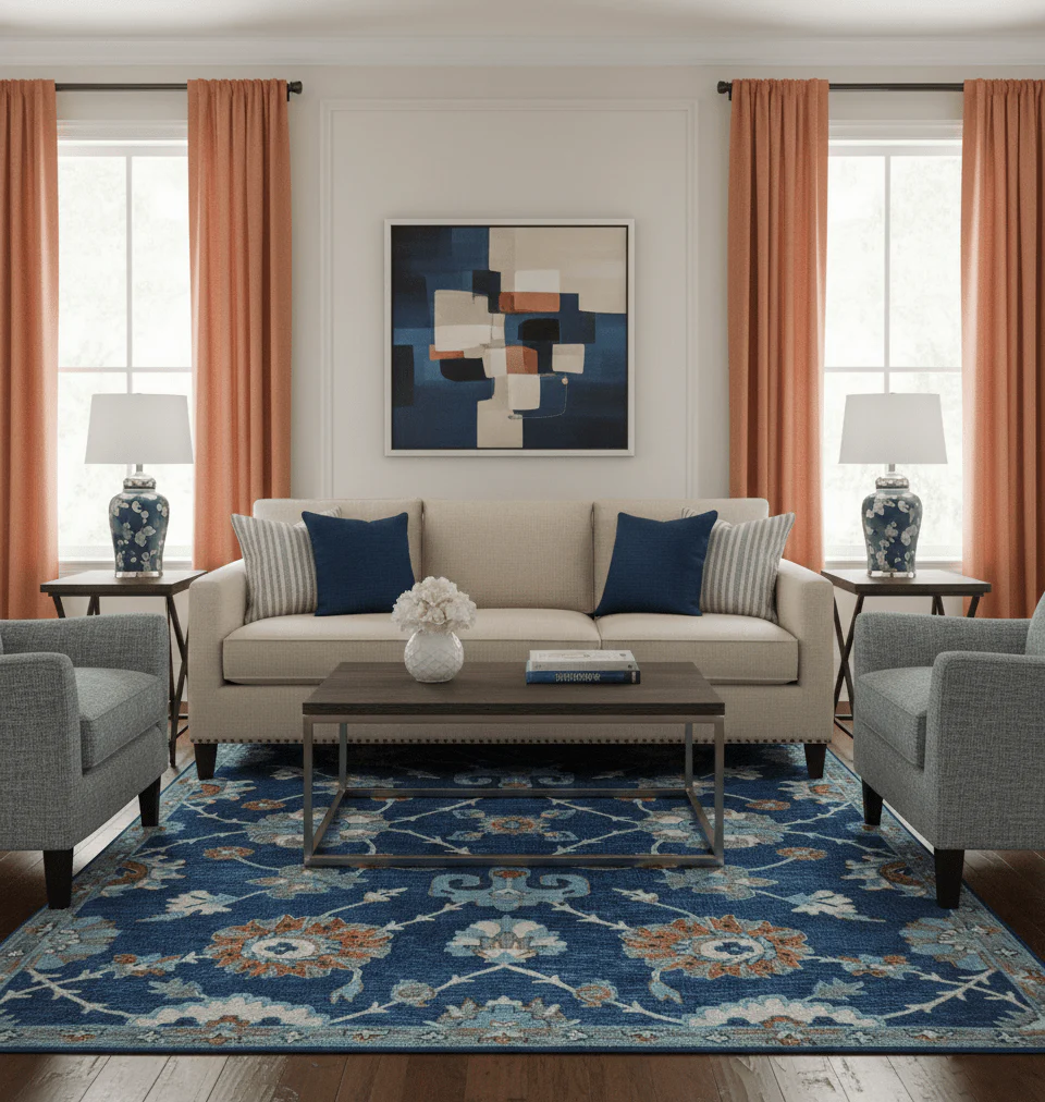 Custom Made Traditional Oriental Design Blue And Beige Hand-Tufted Wool Area Rug - Image 2