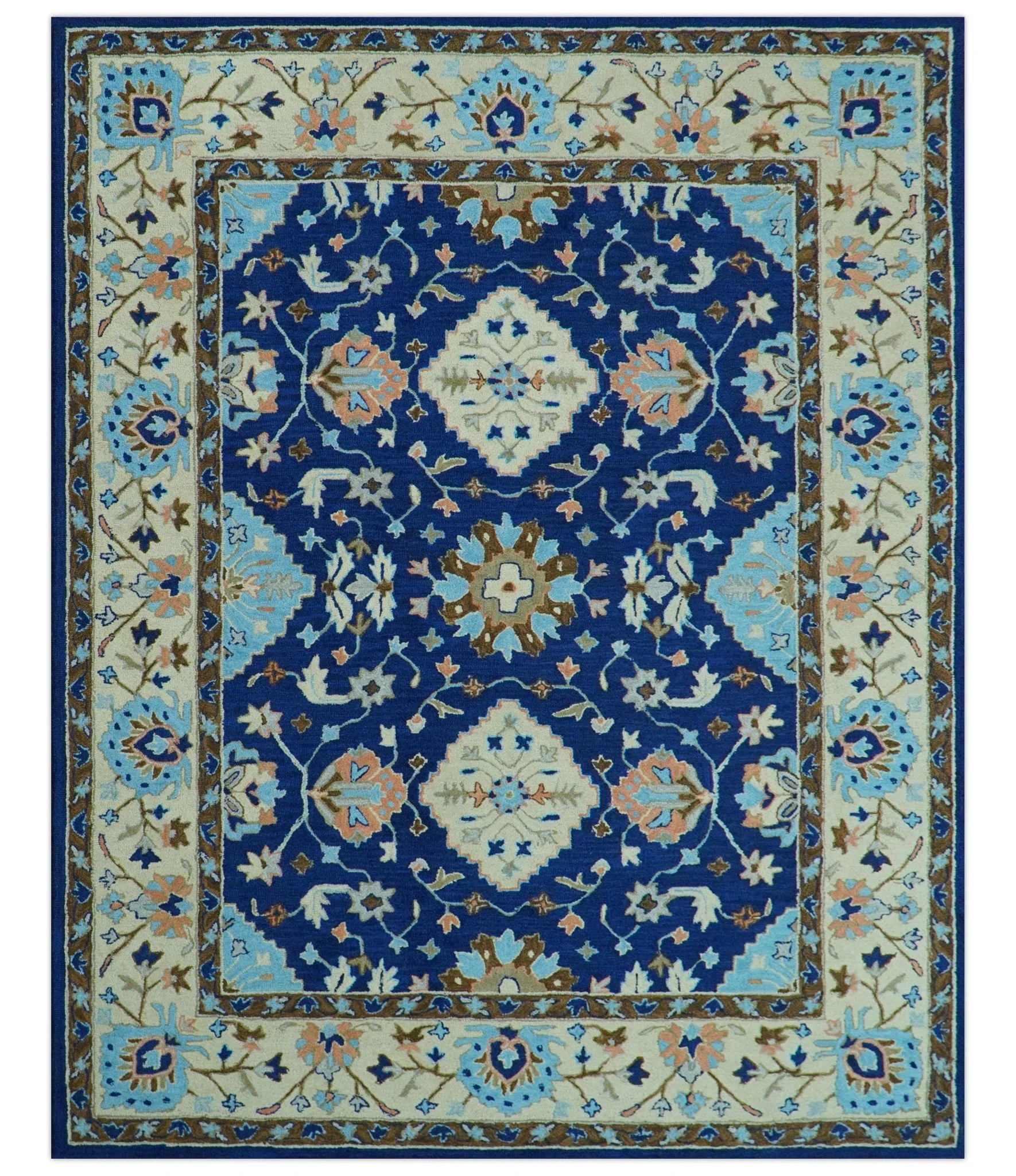 Custom Made Traditional Oriental Design Blue And Beige Hand-Tufted Wool Area Rug - Image 10