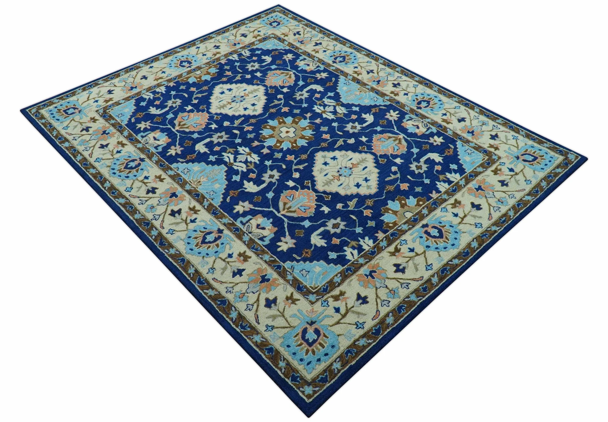 Custom Made Traditional Oriental Design Blue And Beige Hand-Tufted Wool Area Rug - Image 11