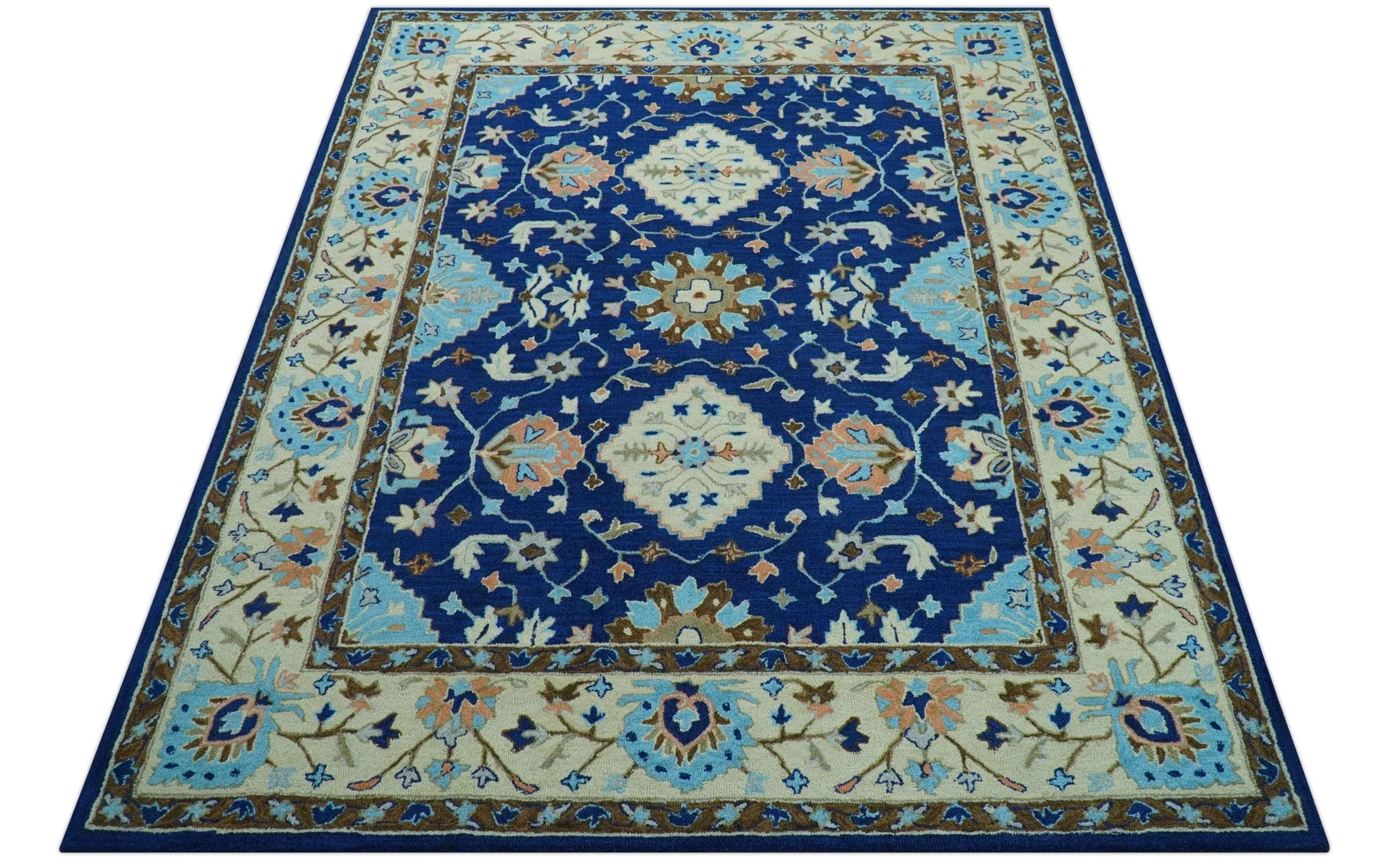 Custom Made Traditional Oriental Design Blue And Beige Hand-Tufted Wool Area Rug - Image 12