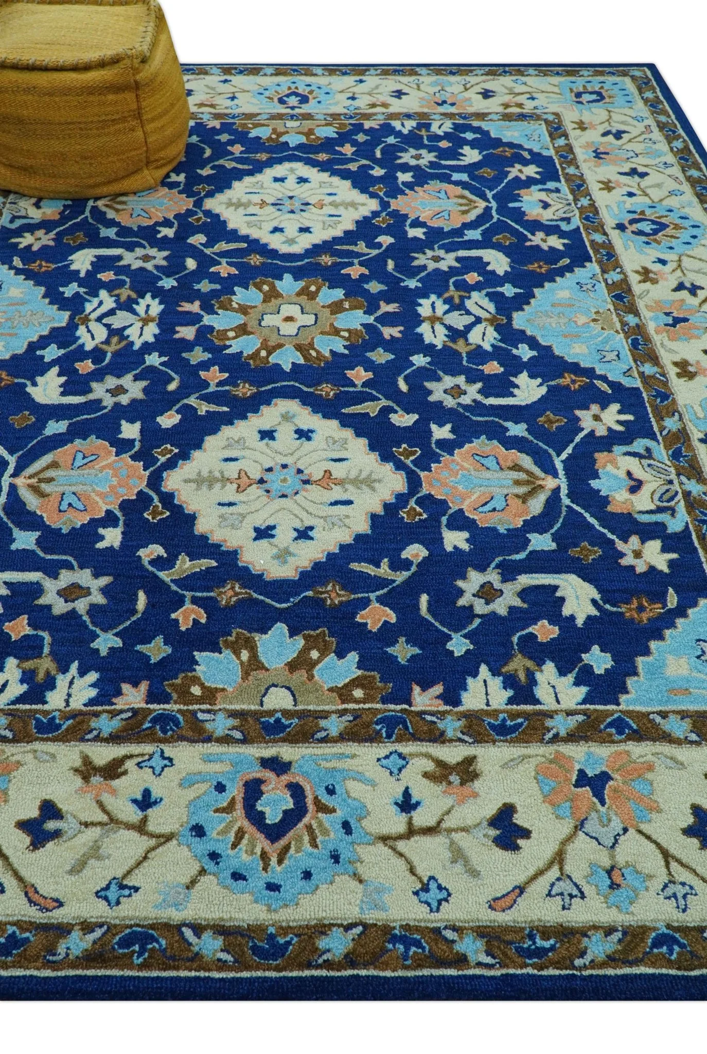 Custom Made Traditional Oriental Design Blue And Beige Hand-Tufted Wool Area Rug - Image 3