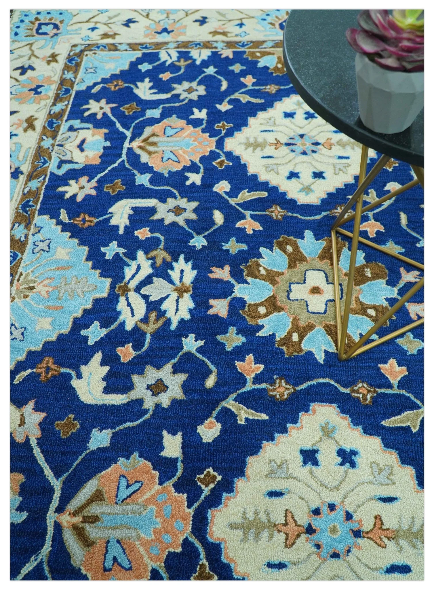 Custom Made Traditional Oriental Design Blue And Beige Hand-Tufted Wool Area Rug - Image 4