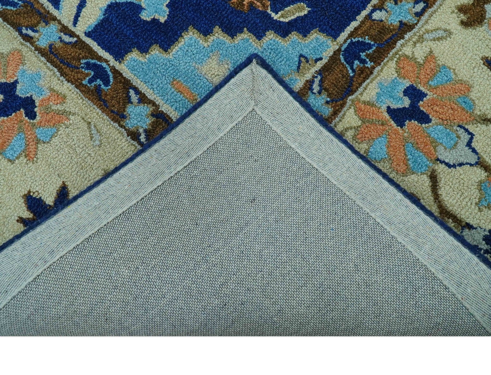 Custom Made Traditional Oriental Design Blue And Beige Hand-Tufted Wool Area Rug - Image 5