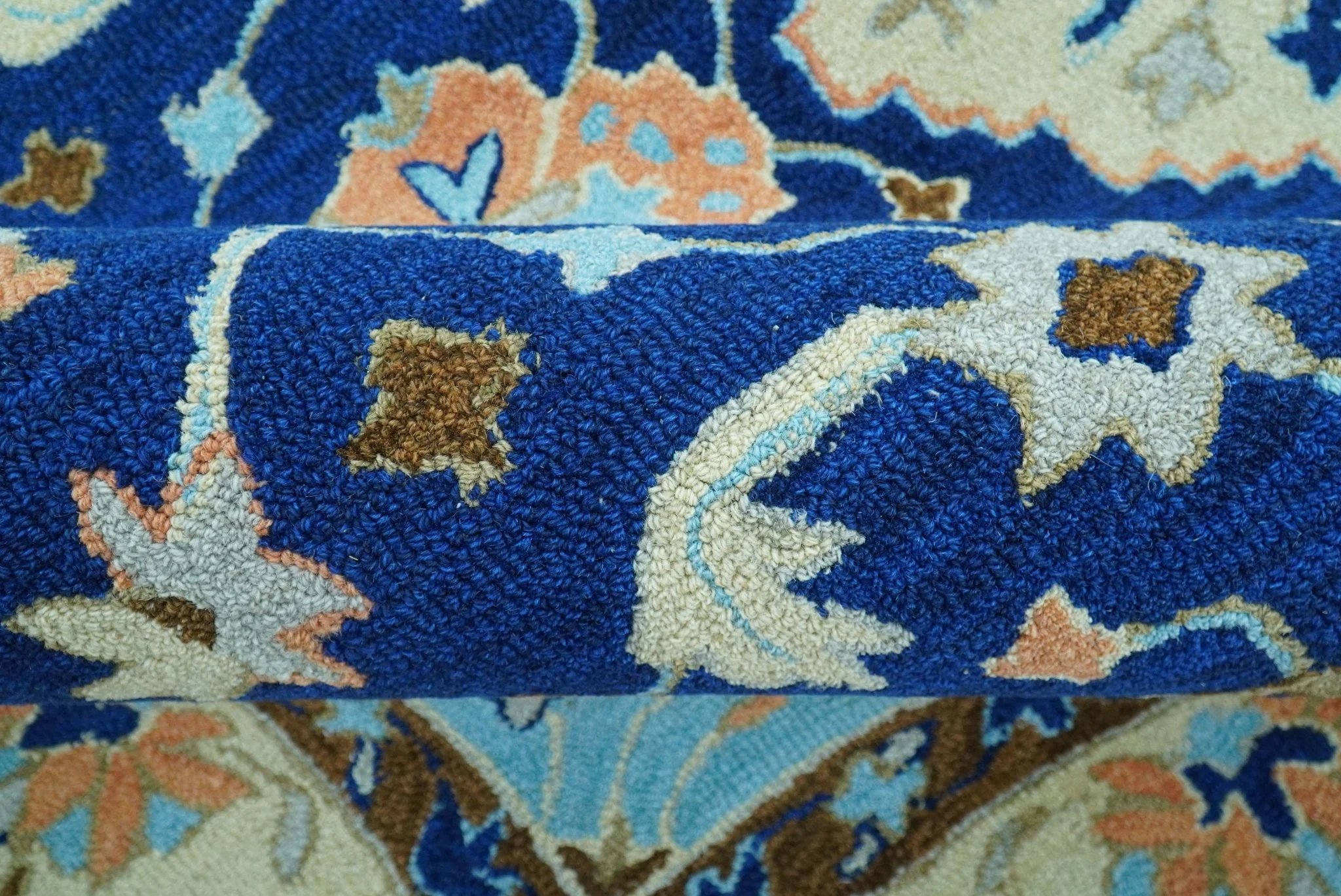 Custom Made Traditional Oriental Design Blue And Beige Hand-Tufted Wool Area Rug - Image 7