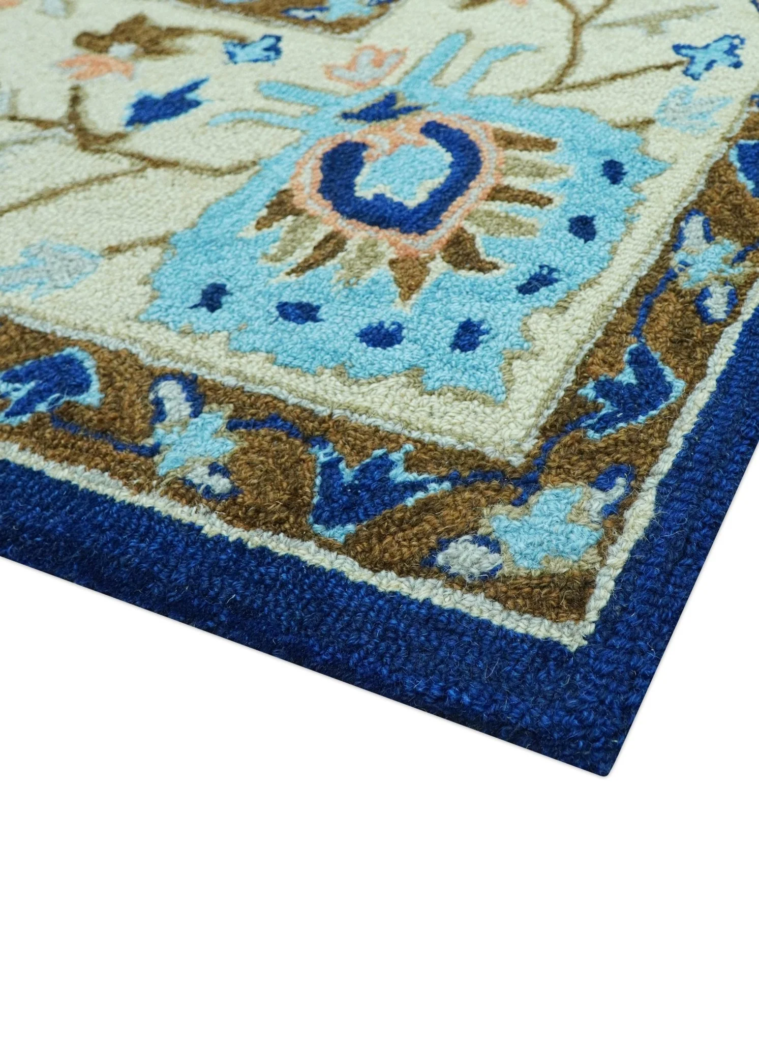 Custom Made Traditional Oriental Design Blue And Beige Hand-Tufted Wool Area Rug - Image 8