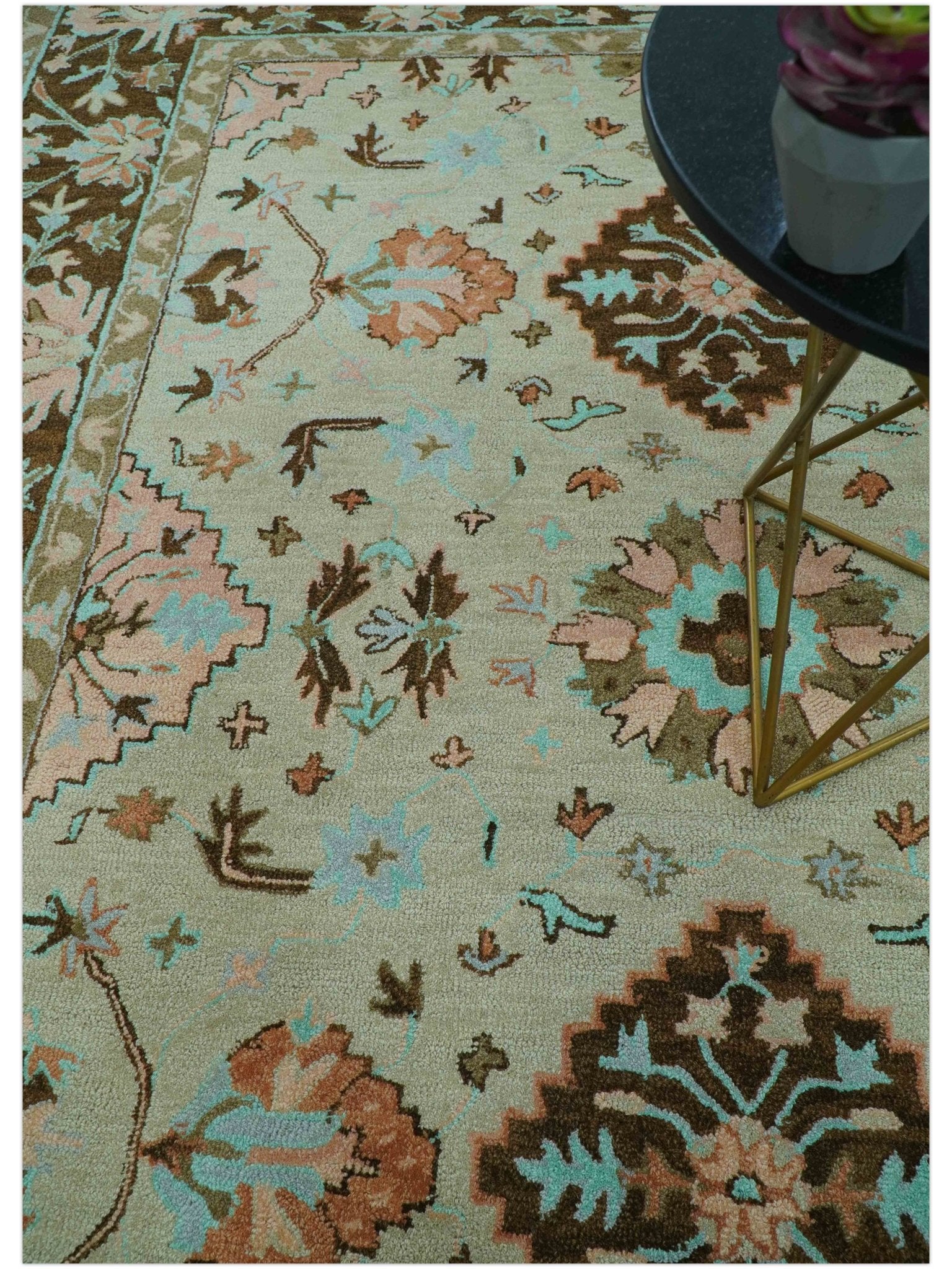 Custom Made Traditional Oriental Design Beige And Brown Hand-Tufted Wool Area Rug - Image 3