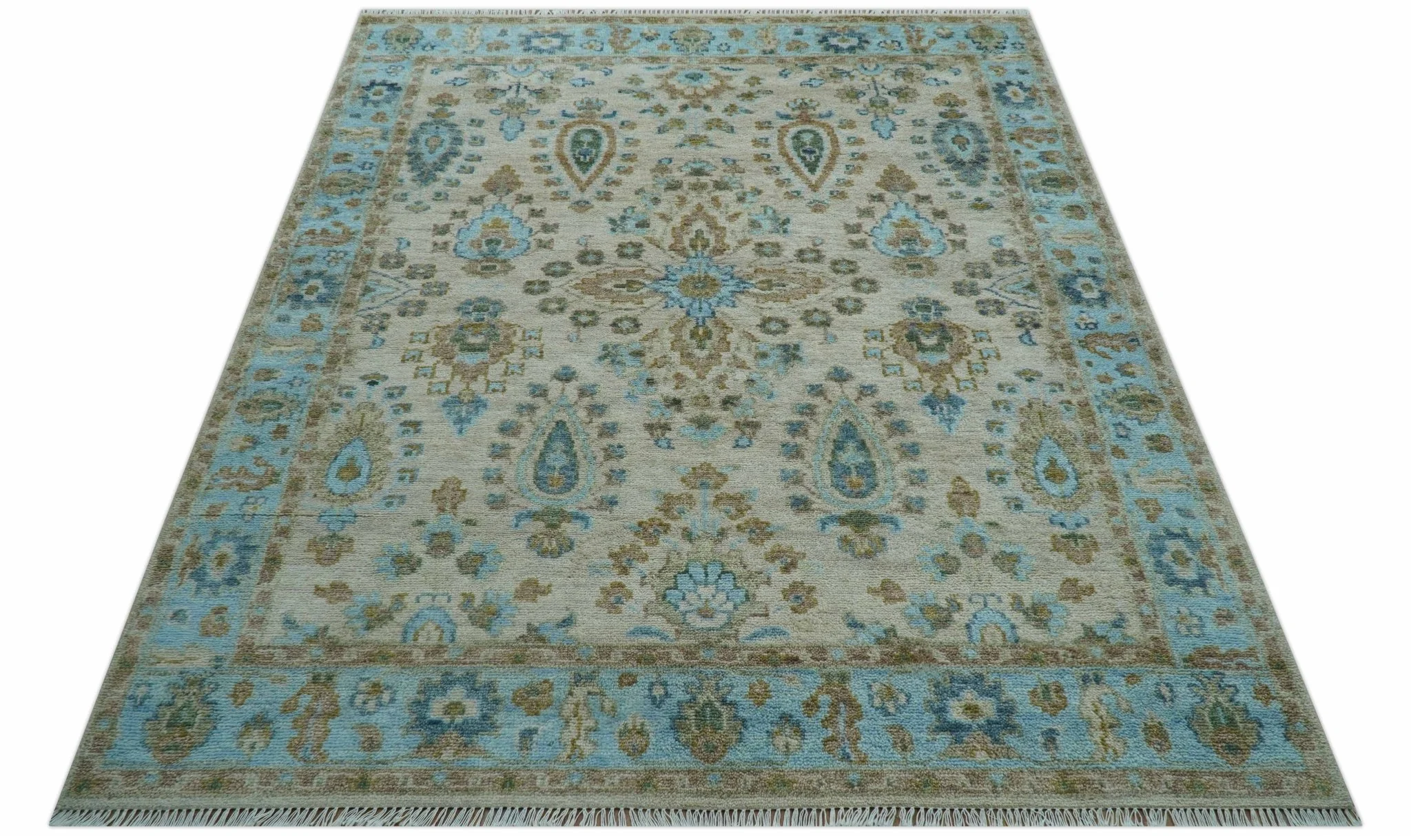 Custom Made Traditional Oriental Design Ivory And Blue Hand knotted Wool Area Rug - Image 10