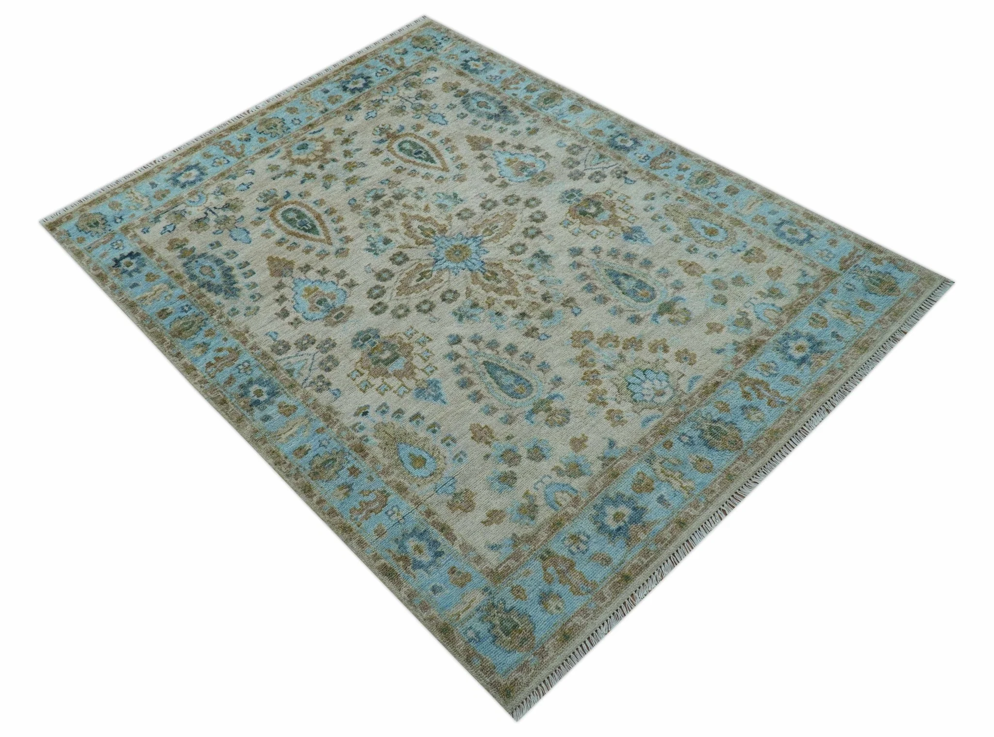 Custom Made Traditional Oriental Design Ivory And Blue Hand knotted Wool Area Rug - Image 11