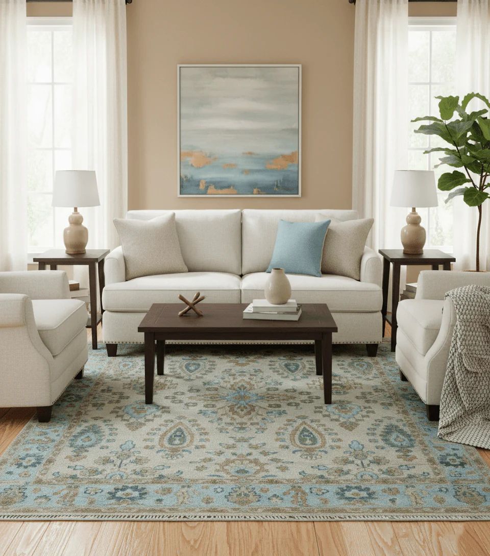 Custom Made Traditional Oriental Design Ivory And Blue Hand knotted Wool Area Rug - Image 2