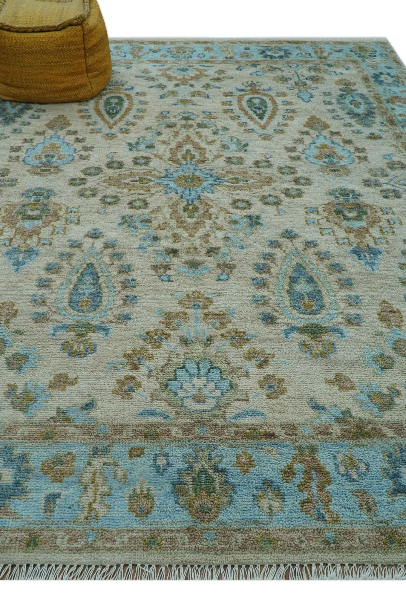 Custom Made Traditional Oriental Design Ivory And Blue Hand knotted Wool Area Rug - Image 4