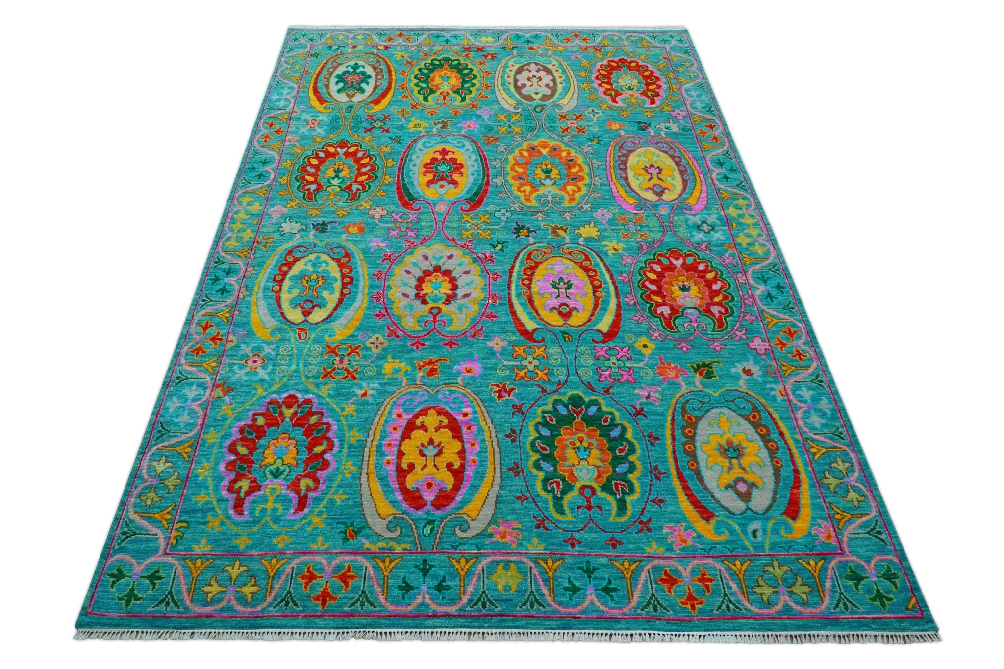 Custom Made Traditional Oriental Design Teal Hand Knotted Wool Area Rug - Image 11