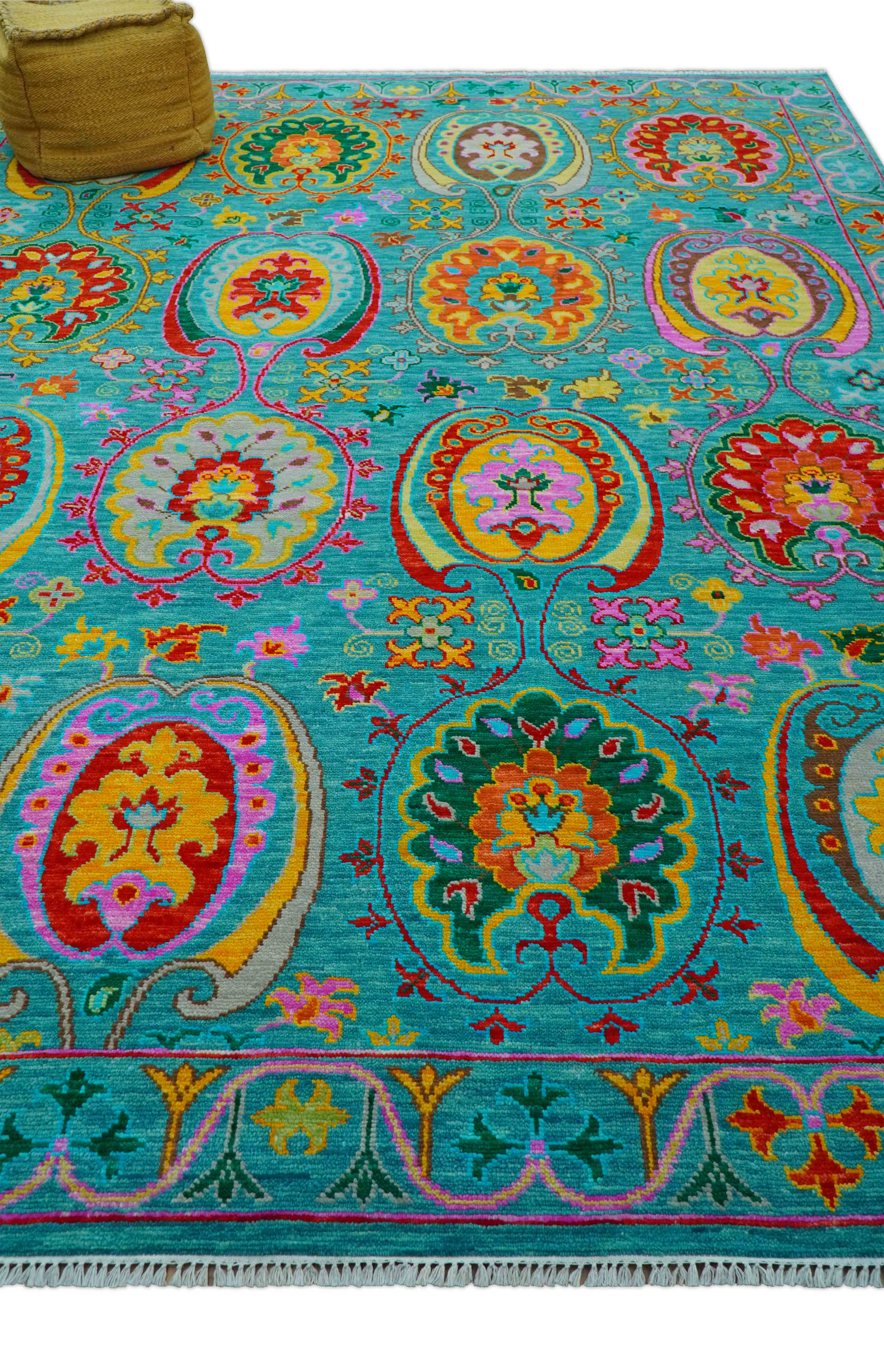 Custom Made Traditional Oriental Design Teal Hand Knotted Wool Area Rug - Image 9