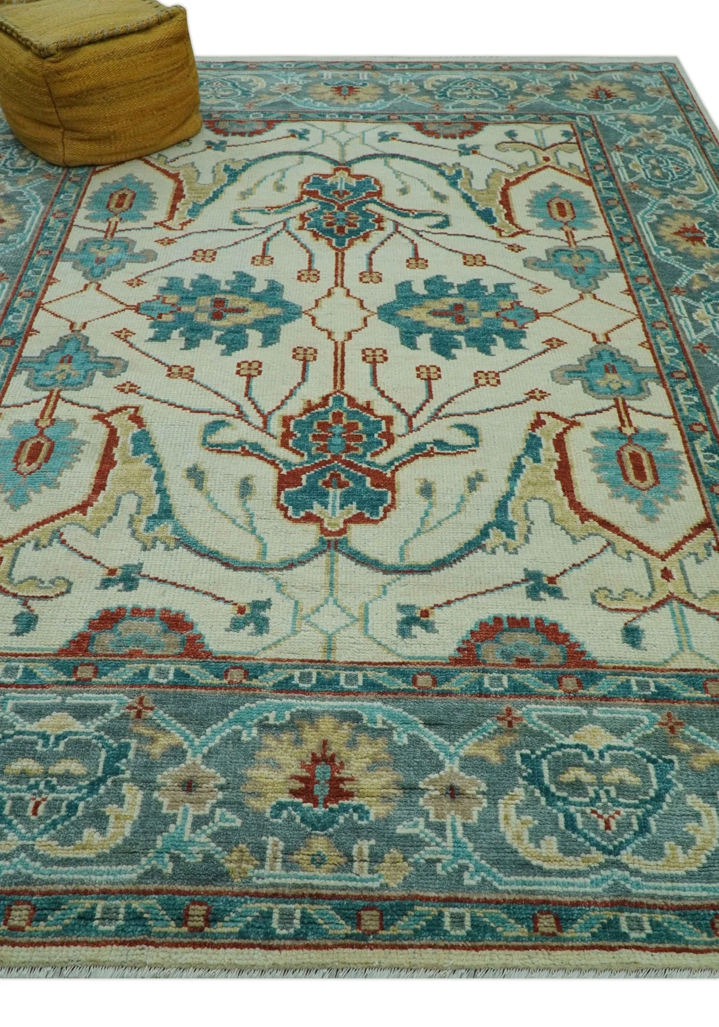 Custom Made Traditional Oriental Oushak Ivory And Blue Hand Knotted Wool Rug - Image 11