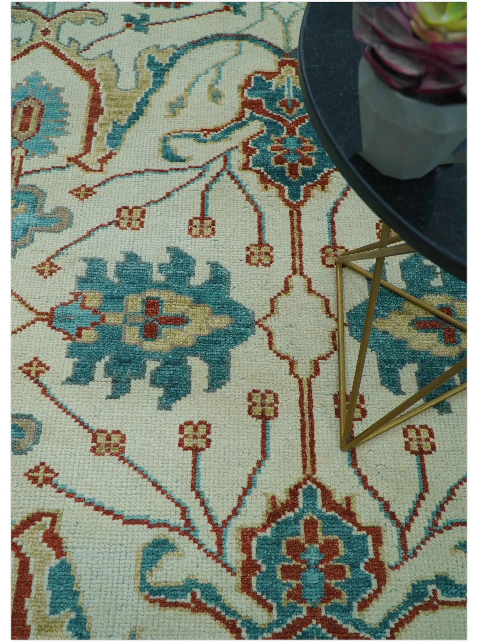 Custom Made Traditional Oriental Oushak Ivory And Blue Hand Knotted Wool Rug - Image 3