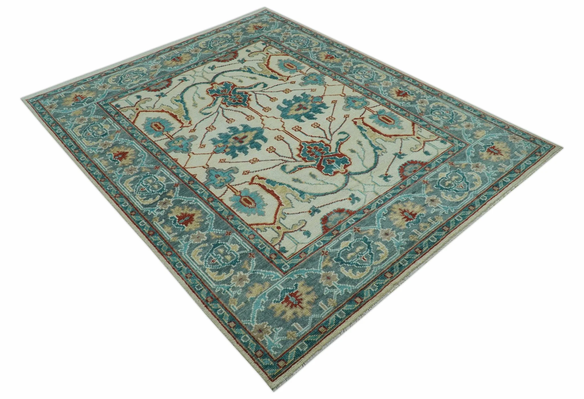 Custom Made Traditional Oriental Oushak Ivory And Blue Hand Knotted Wool Rug - Image 4