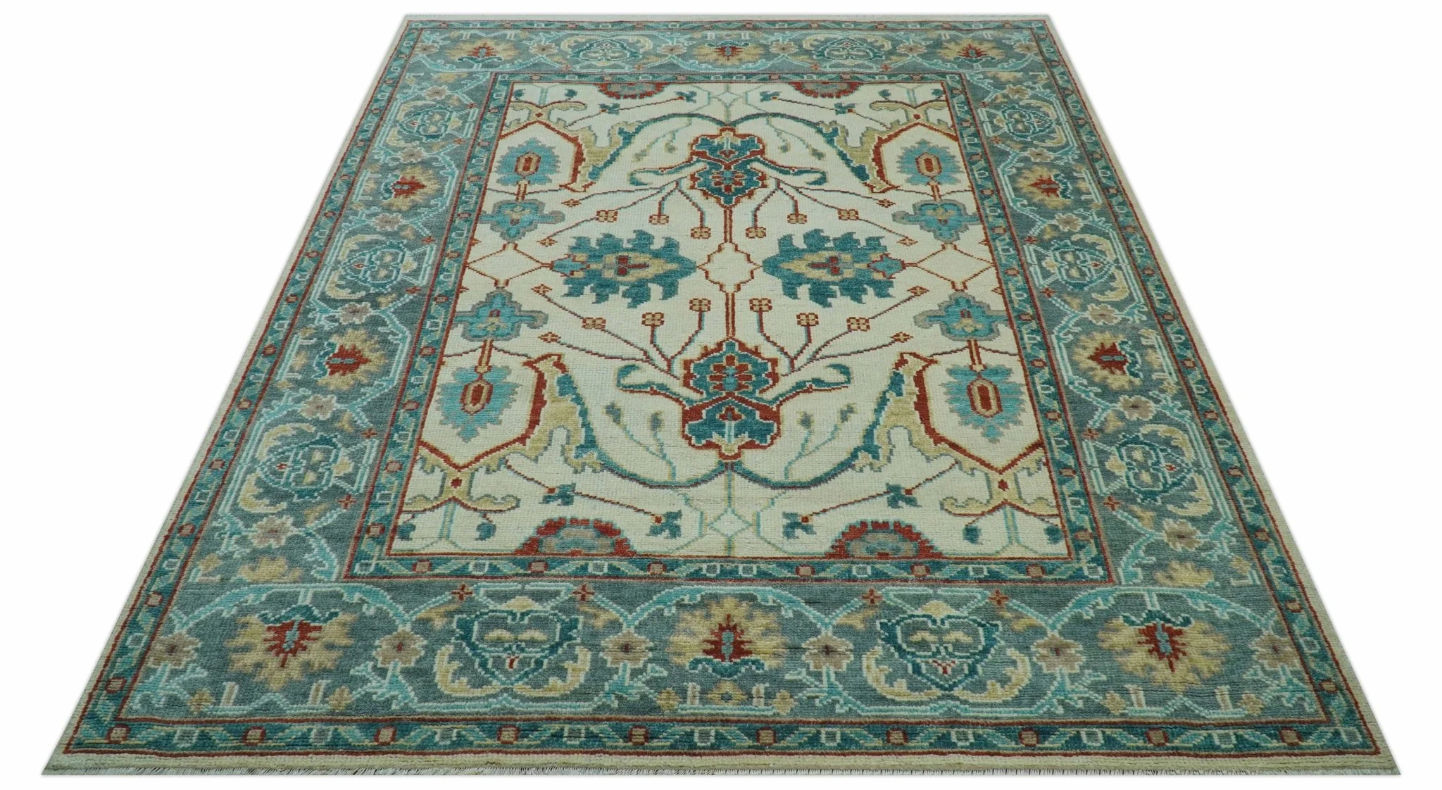 Custom Made Traditional Oriental Oushak Ivory And Blue Hand Knotted Wool Rug - Image 5