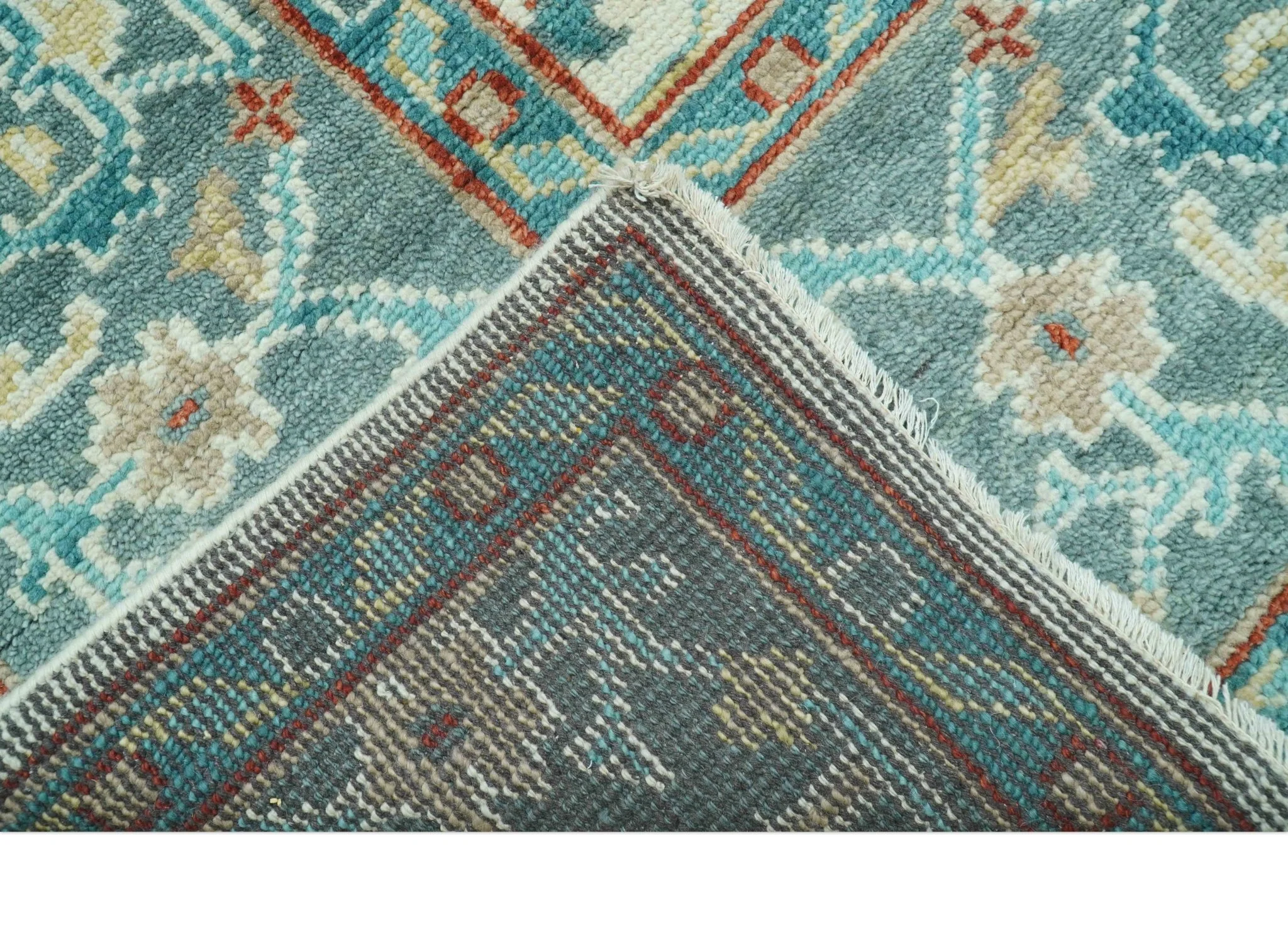 Custom Made Traditional Oriental Oushak Ivory And Blue Hand Knotted Wool Rug - Image 6