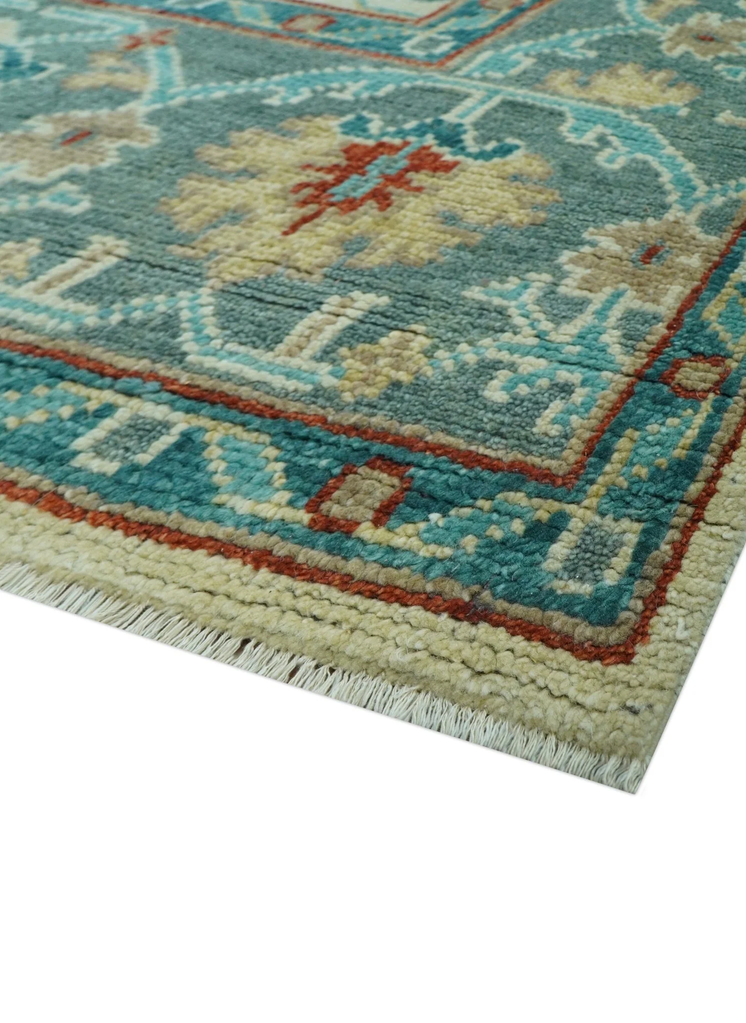 Custom Made Traditional Oriental Oushak Ivory And Blue Hand Knotted Wool Rug - Image 7