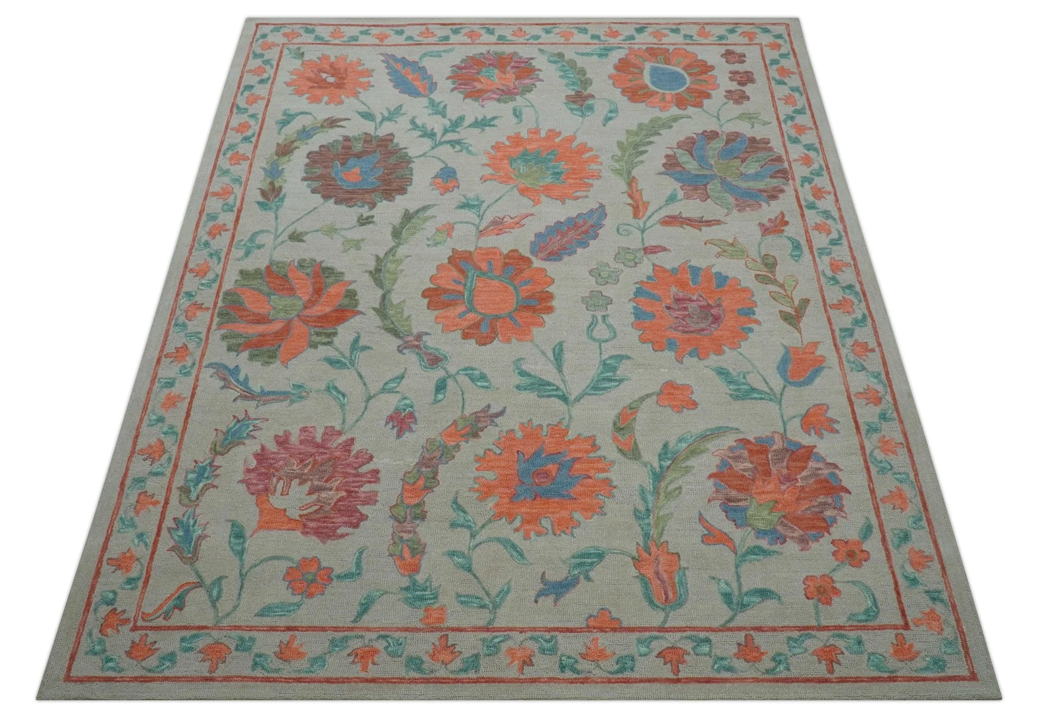Custom Made Oriental Uzbek Design Floral Beige Hand Tufted Wool Area Rug - Image 10