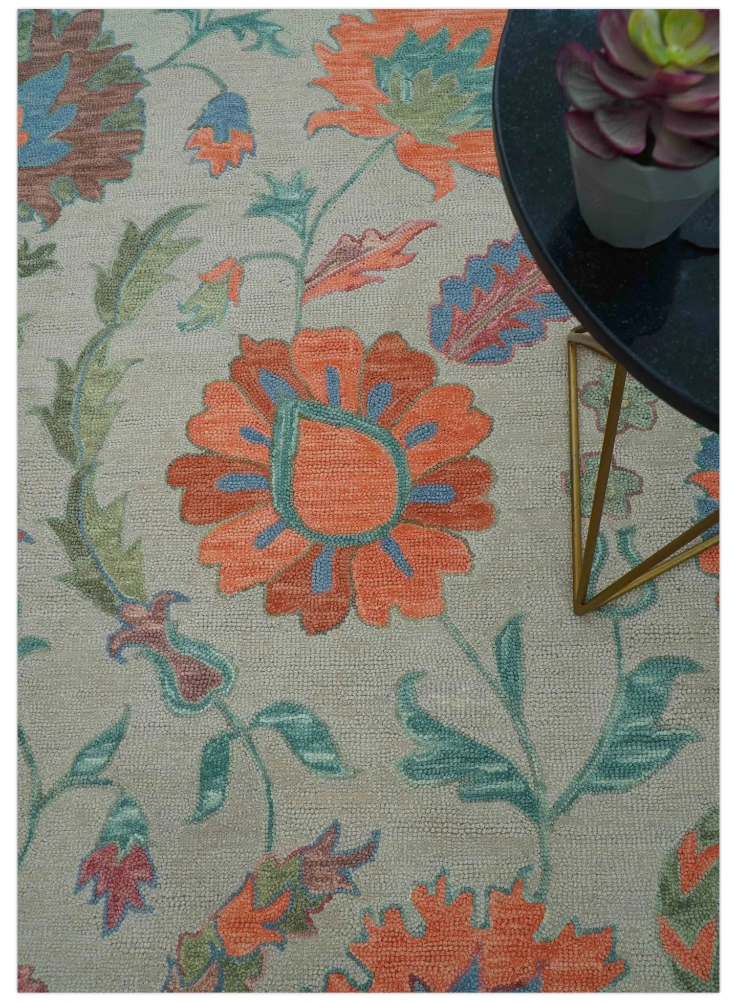 Custom Made Oriental Uzbek Design Floral Beige Hand Tufted Wool Area Rug - Image 3