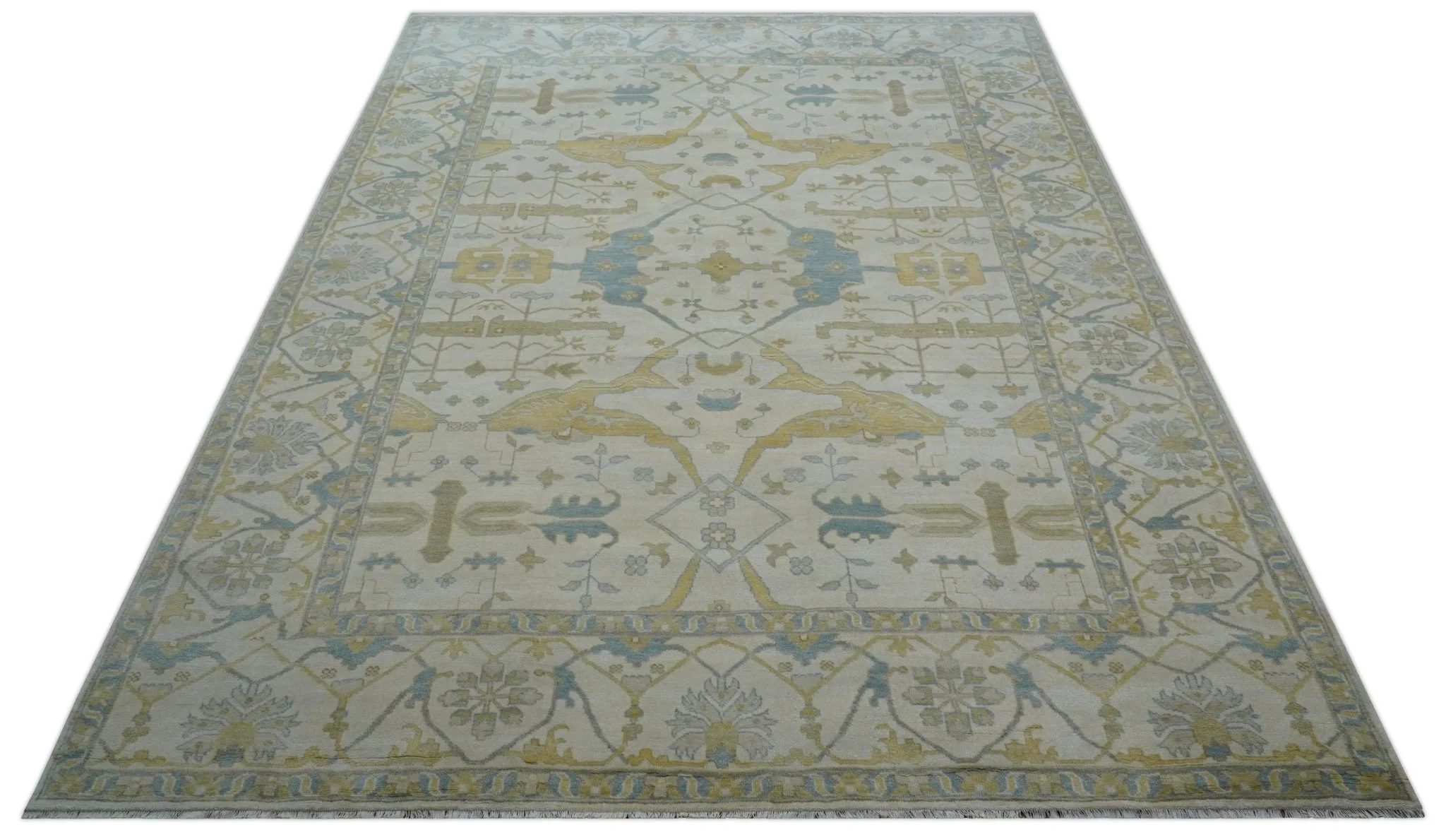 Custom Made Traditional Oushak Beige And Blue Hand Knotted Wool Rug - Image 10