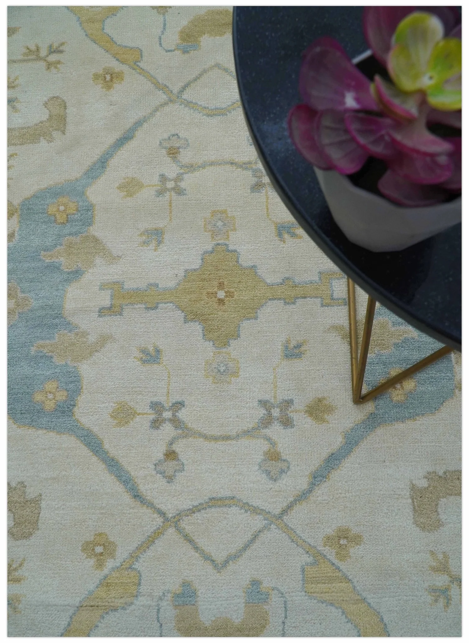 Custom Made Traditional Oushak Beige And Blue Hand Knotted Wool Rug - Image 2