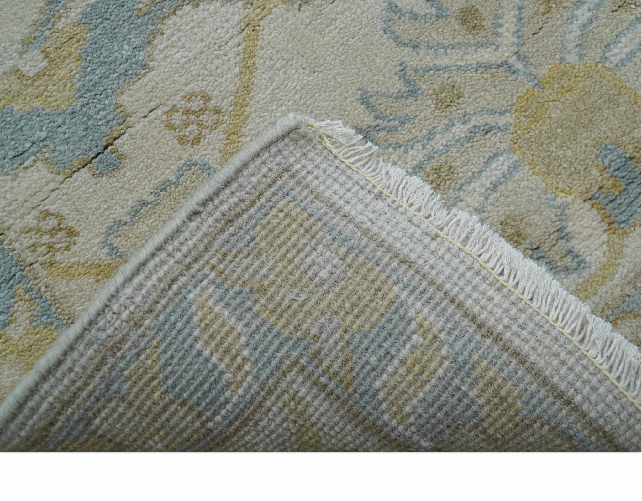 Custom Made Traditional Oushak Beige And Blue Hand Knotted Wool Rug - Image 4
